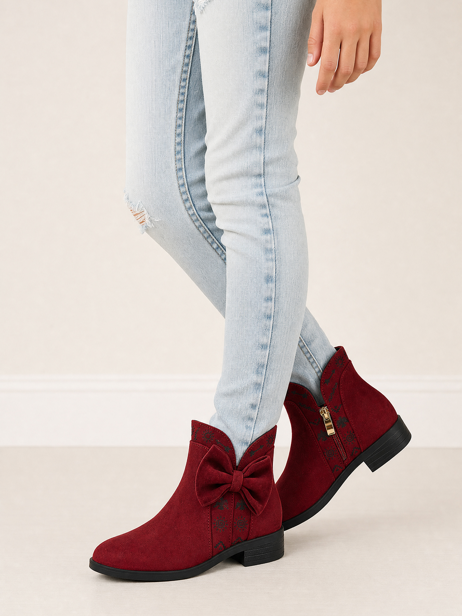 Girls Lambskin Insole Ankle Boots Side Bow Low Heel Booties Shoes Cute Bow Knot Lambskin Booties Low Chunky Heel Comfortable Party School Daily Shoes for Little Big Kid