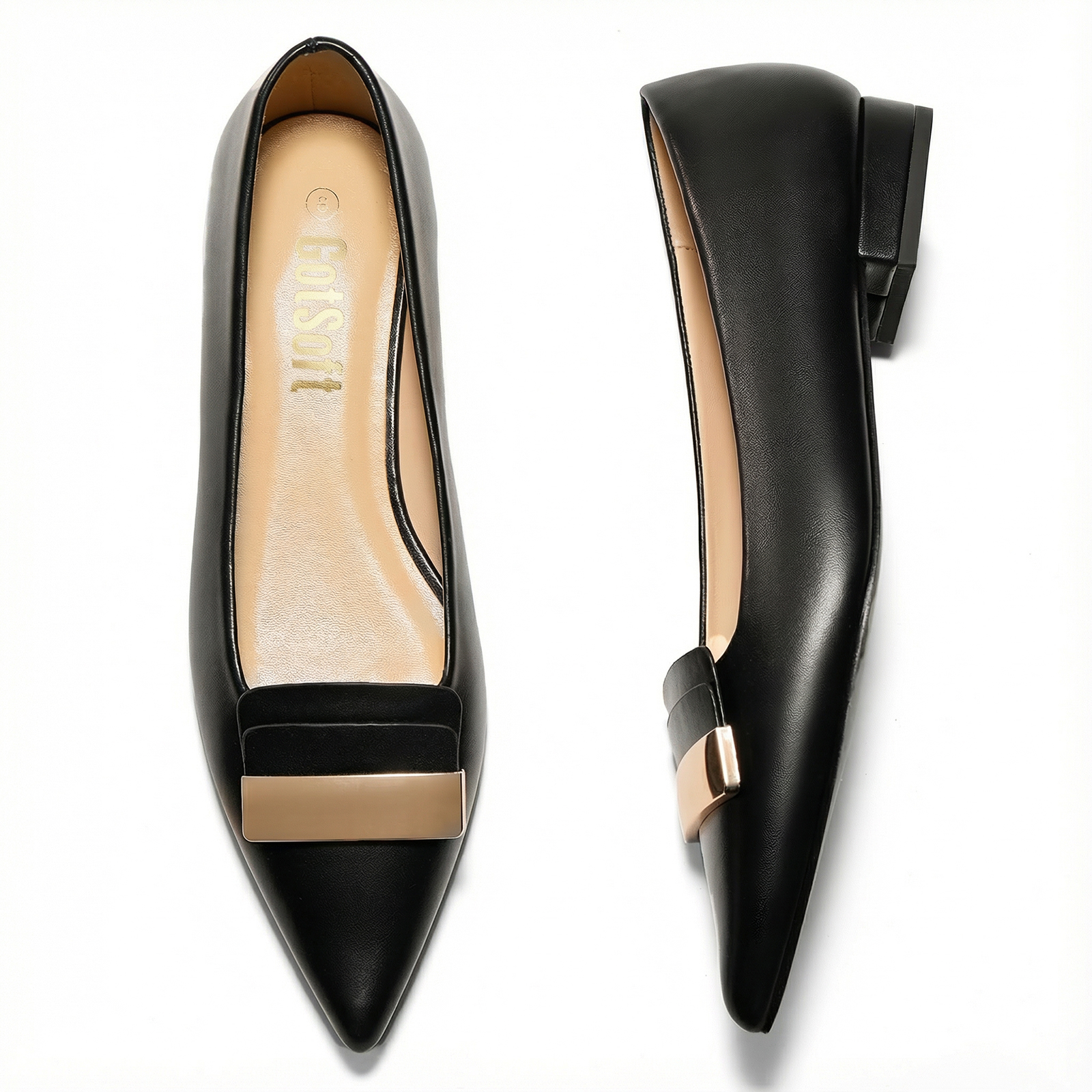 Women's Pointed Toe Metal Deco Flats Slip on Flat Comfortable Dress Shoes