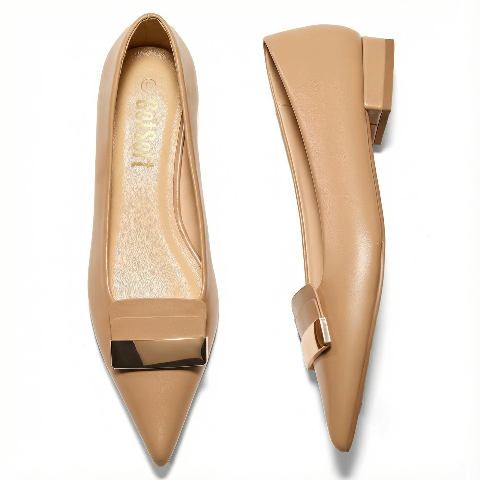 Women's Pointed Toe Metal Deco Flats Slip on Flat Comfortable Dress Shoes