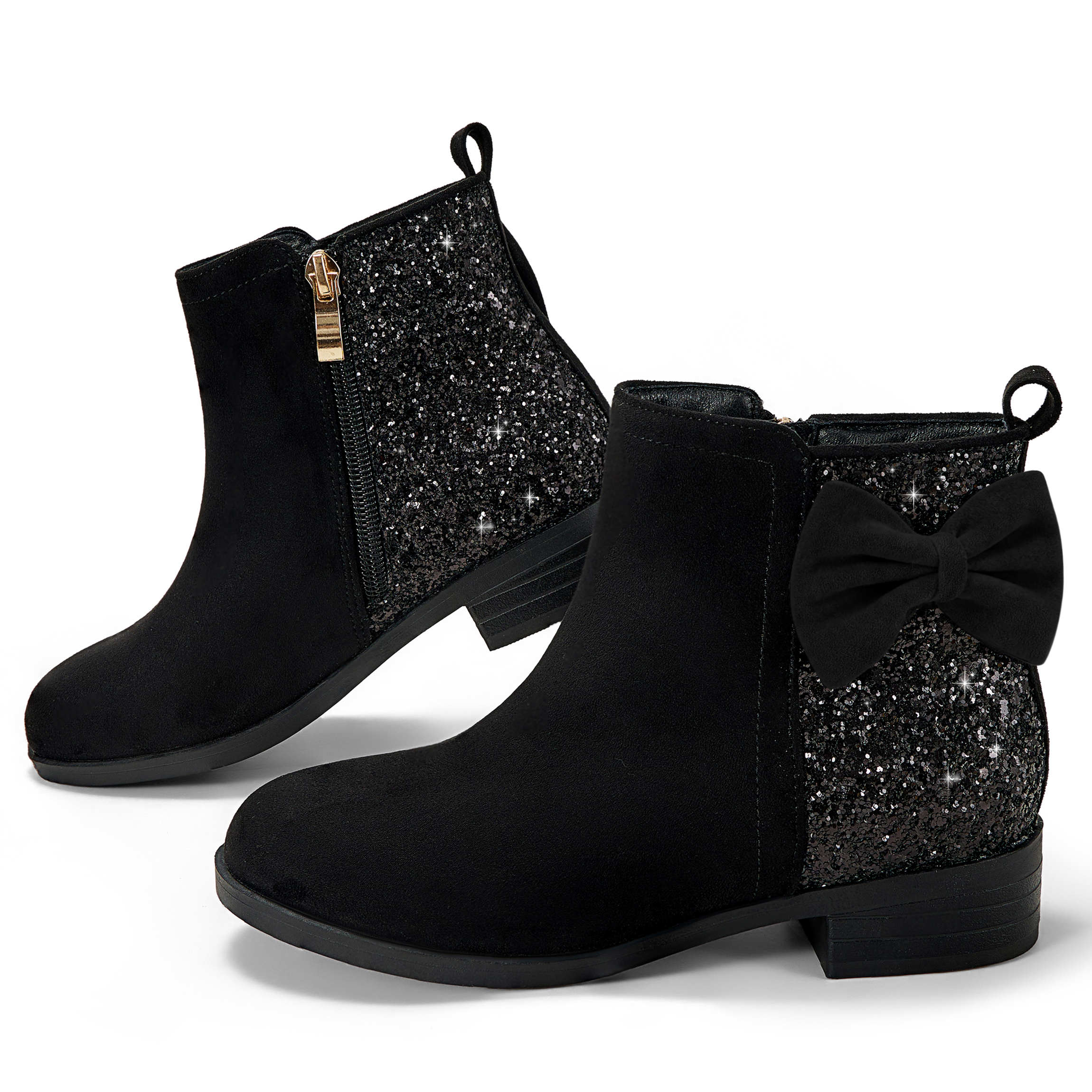 Girls Bow Glitter Ankle Boots Side Zipper Low Heel Dress Shoes | Cute Bow Knot Booties Low Chunky Heel Comfortable School Shoes for Little Big Kid