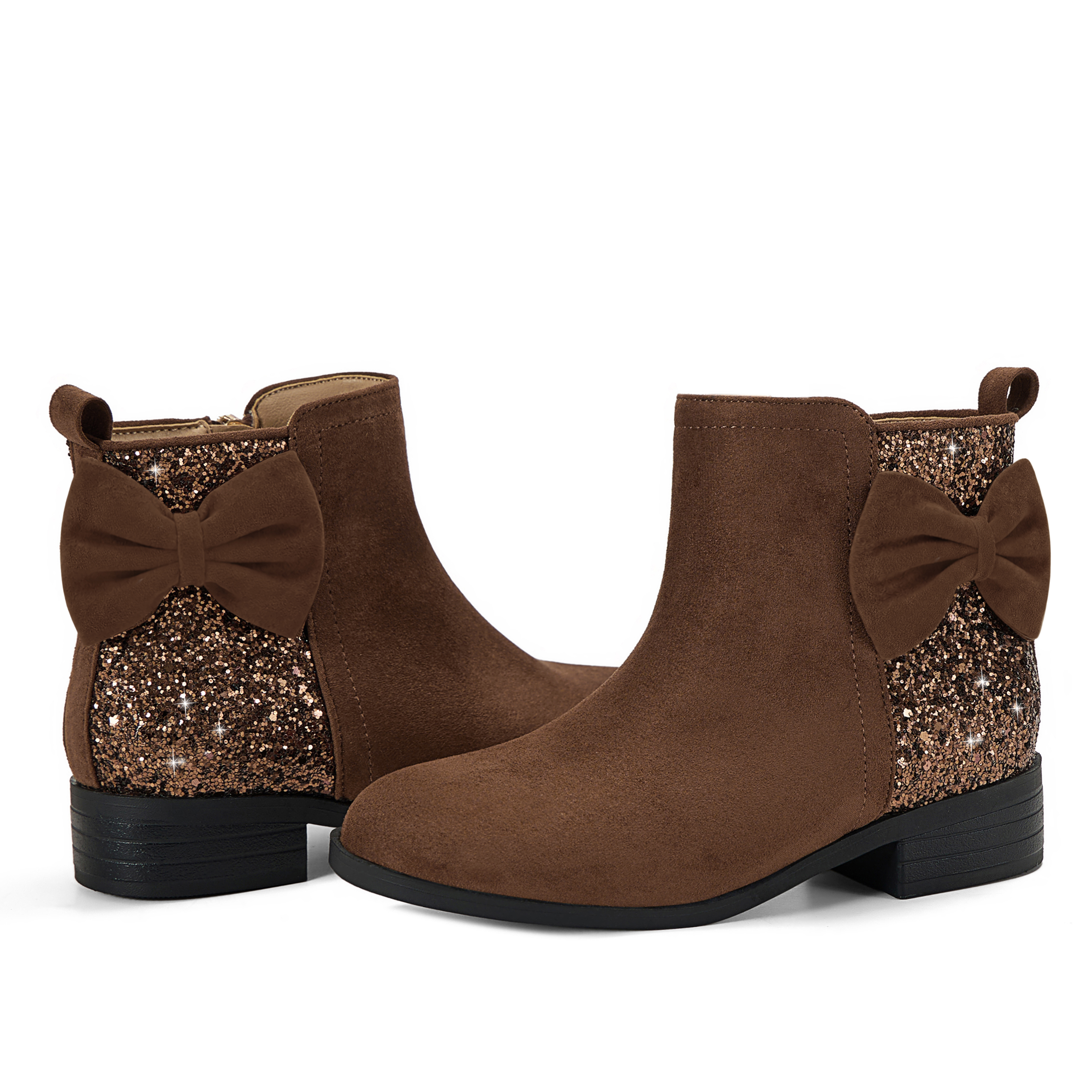 Girls Bow Glitter Ankle Boots Side Zipper Low Heel Dress Shoes | Cute Bow Knot Booties Low Chunky Heel Comfortable School Shoes for Little Big Kid