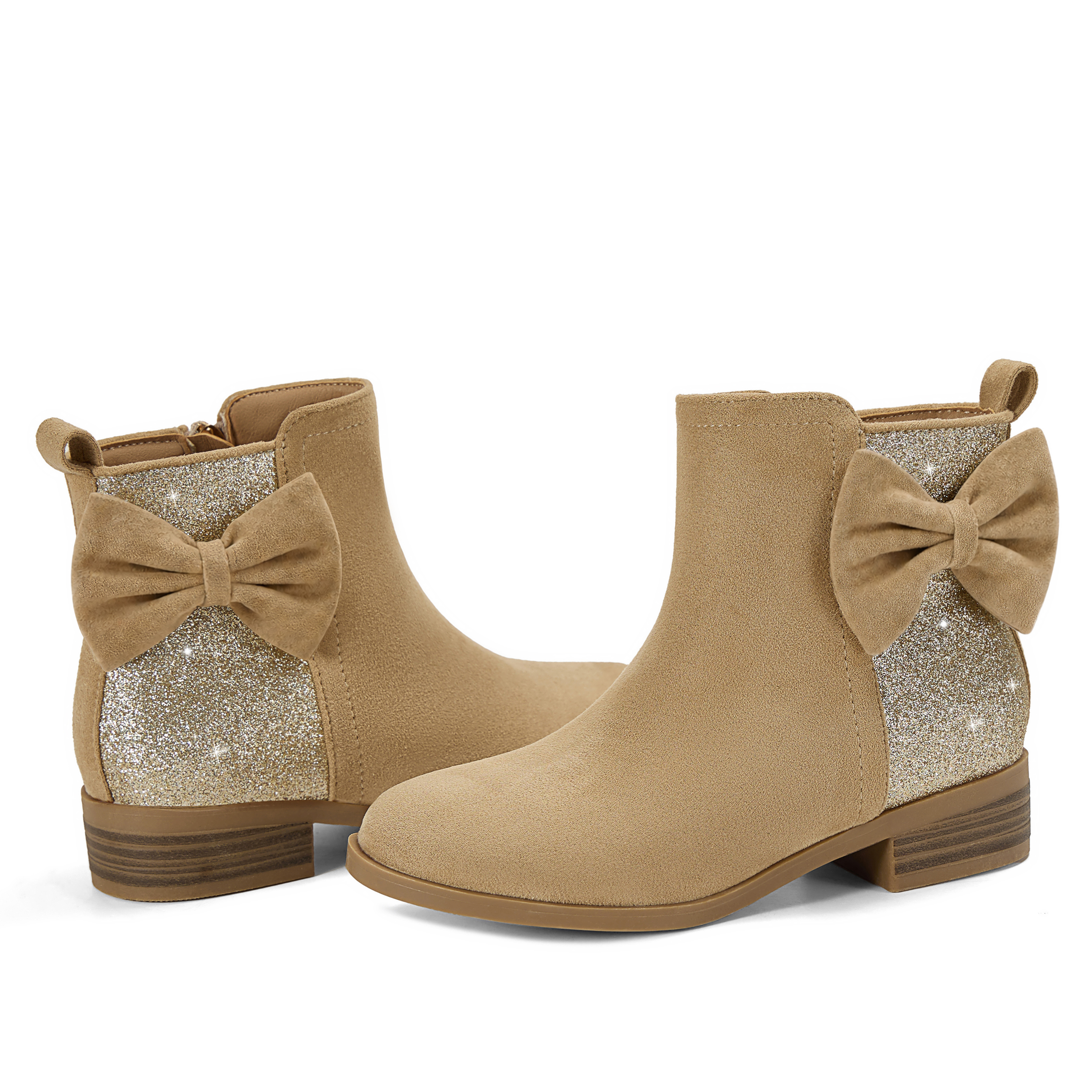 Girls Bow Glitter Ankle Boots Side Zipper Low Heel Dress Shoes | Cute Bow Knot Booties Low Chunky Heel Comfortable School Shoes for Little Big Kid