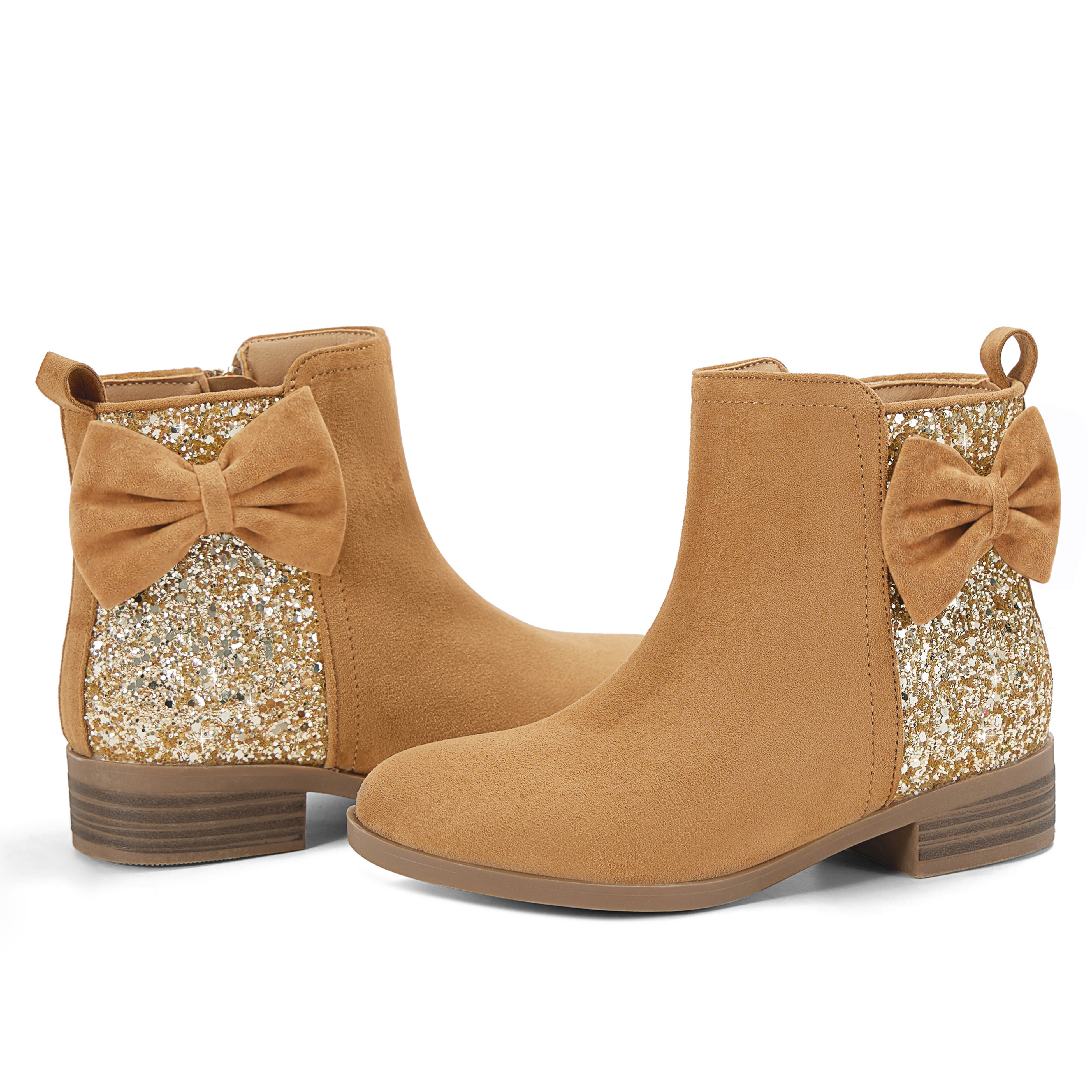 Girls Bow Glitter Ankle Boots Side Zipper Low Heel Dress Shoes | Cute Bow Knot Booties Low Chunky Heel Comfortable School Shoes for Little Big Kid