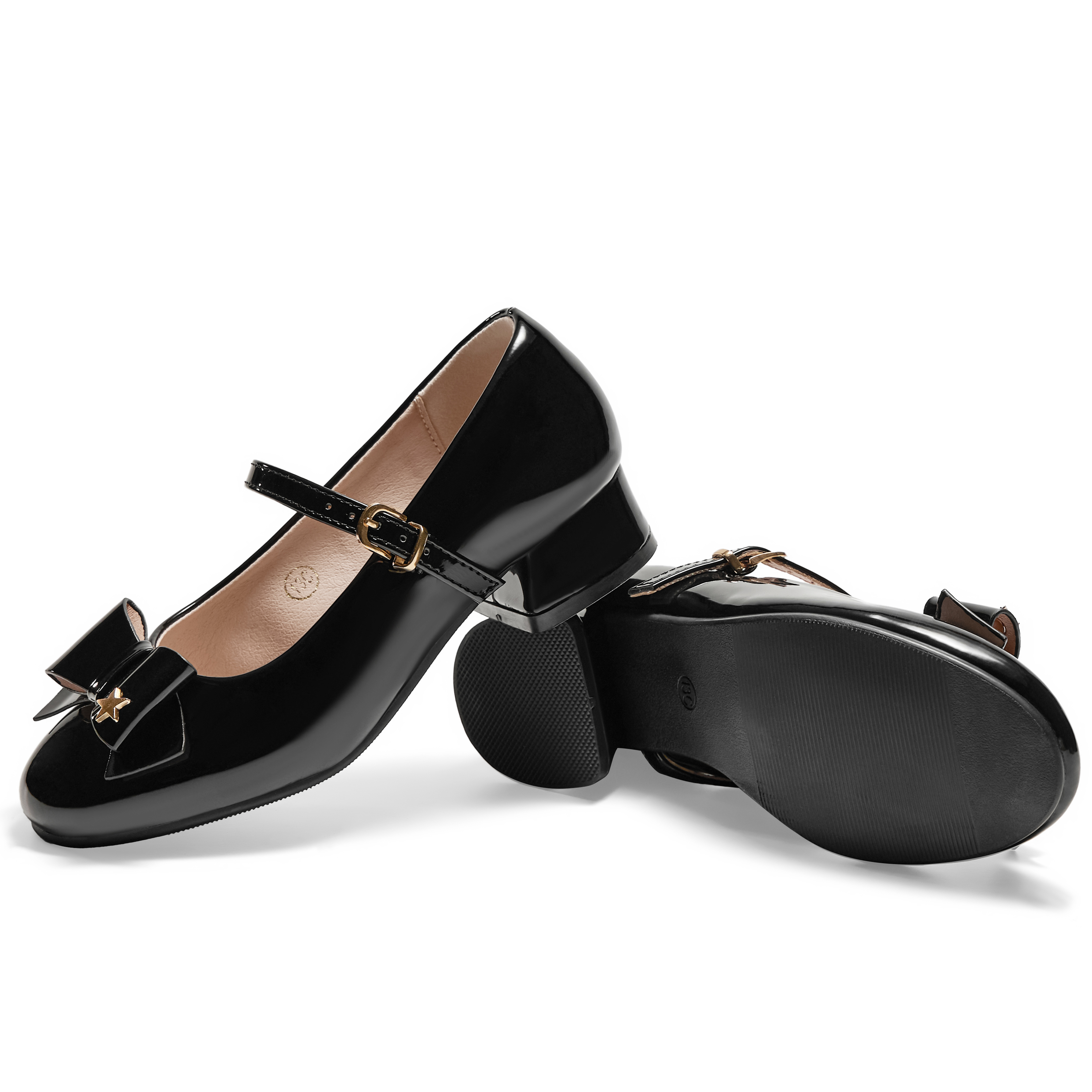 Girls Lambskin Insole Low Heels Mary Jane Ankle Strap Dress Shoes Dress Flats with Ankle Buckle, Bow with Star Detail, Fit Toddler, Little & Big Kid for Wedding, Party and School Daily Wear