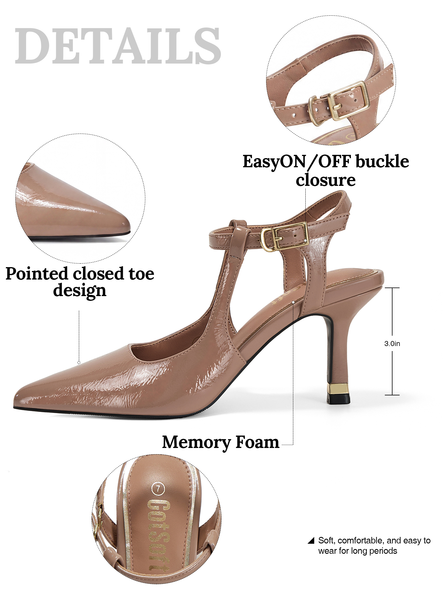 Womens Slingback Pointed Toe Pumps Ankle Buckle Strap Stiletto Dress Heels Gold heel trim, adjustable buckle ankle strap, ideal for office, weddings, dates and formal evening wear
