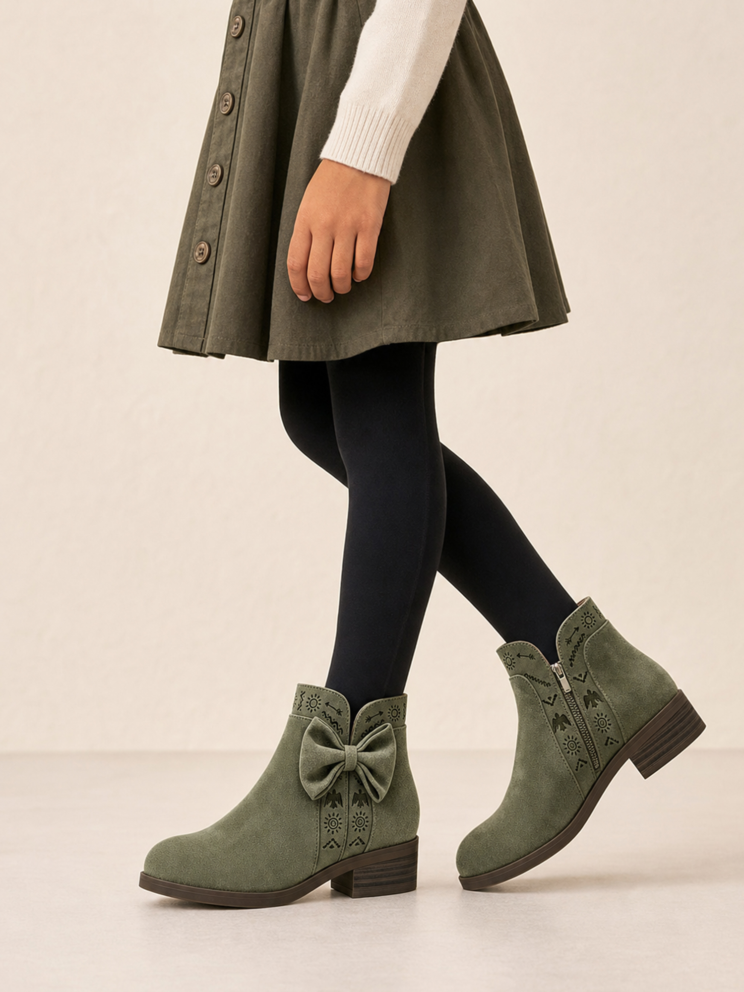 Girls Lambskin Insole Ankle Boots Side Bow Low Heel Booties Shoes Cute Bow Knot Lambskin Booties Low Chunky Heel Comfortable Party School Daily Shoes for Little Big Kid