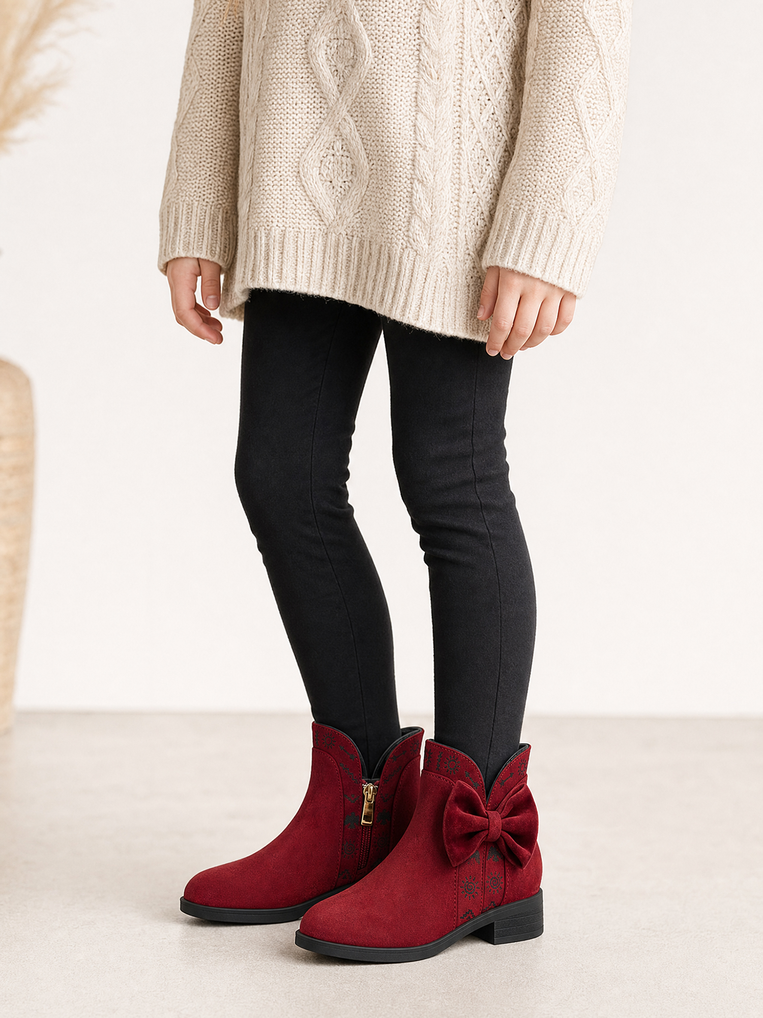 Girls Lambskin Insole Ankle Boots Side Bow Low Heel Booties Shoes Cute Bow Knot Lambskin Booties Low Chunky Heel Comfortable Party School Daily Shoes for Little Big Kid