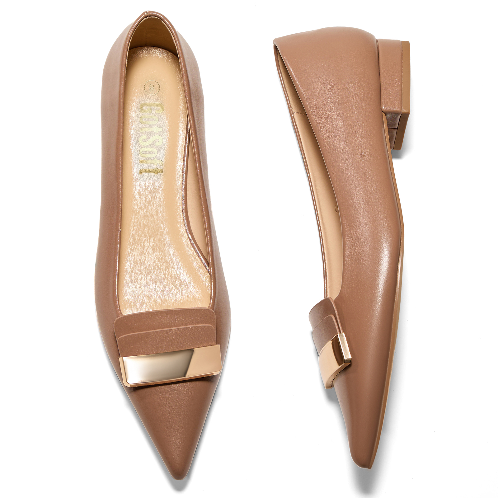 Women's Pointed Toe Metal Deco Flats Slip on Flat Comfortable Dress Shoes