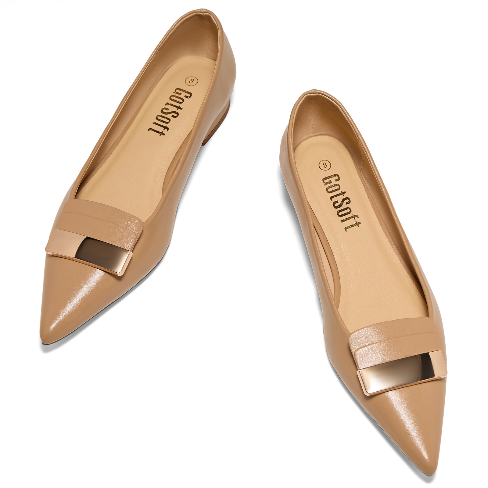 Women's Pointed Toe Metal Deco Flats Slip on Flat Comfortable Dress Shoes