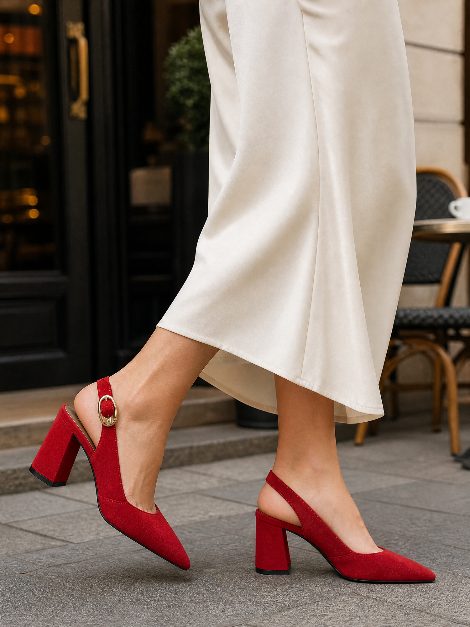Womens Genuine Leather Pointed Toe Slingback Pumps Block Heel Shoes Chic Pointed Toe Slingback Heels with Adjustable Buckle, Soft Lambskin Insole, Ideal for Office, Dates, Parties & Formal Wear