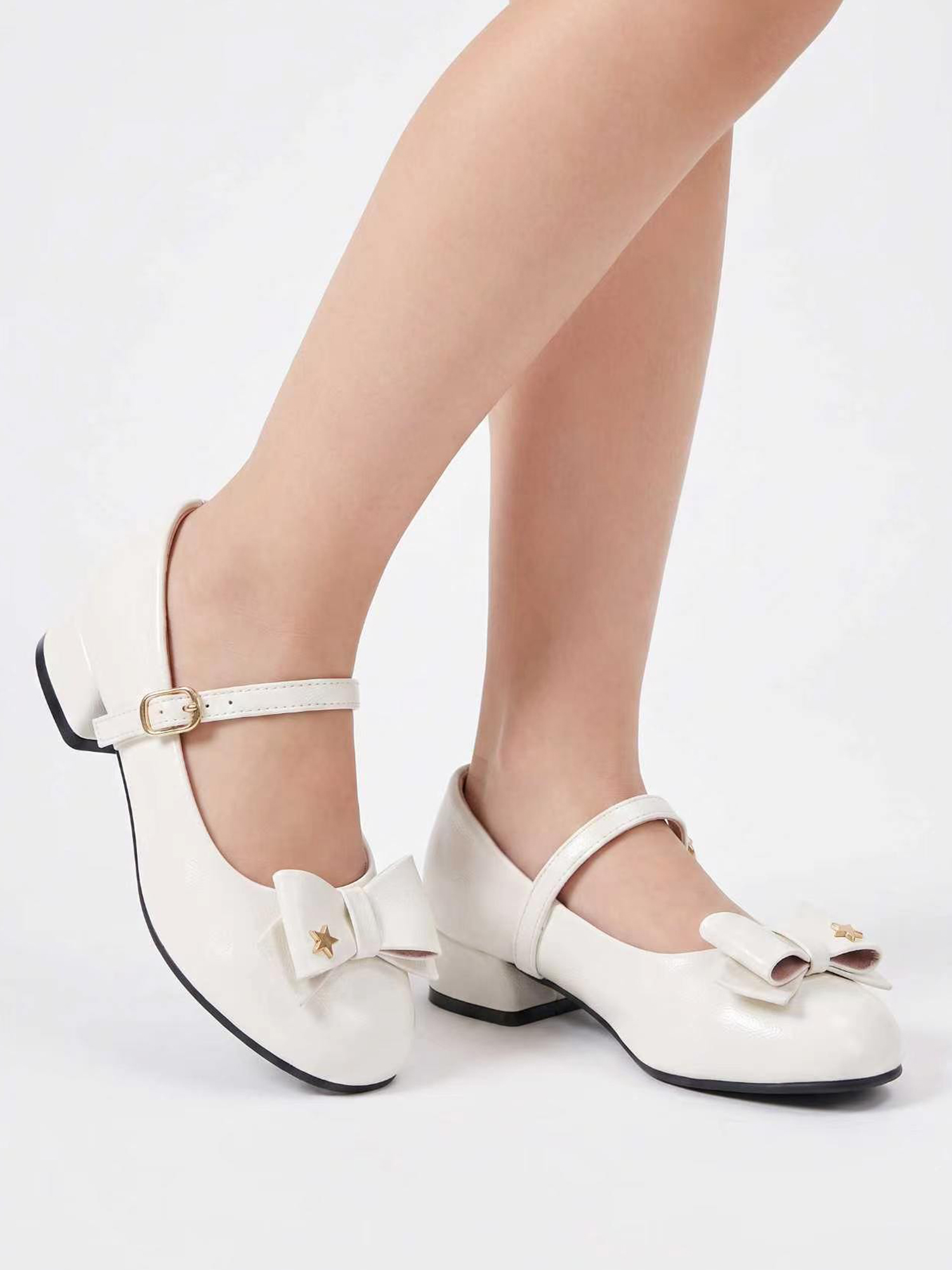 Girls Lambskin Insole Low Heels Mary Jane Ankle Strap Dress Shoes Dress Flats with Ankle Buckle, Bow with Star Detail, Fit Toddler, Little & Big Kid for Wedding, Party and School Daily Wear