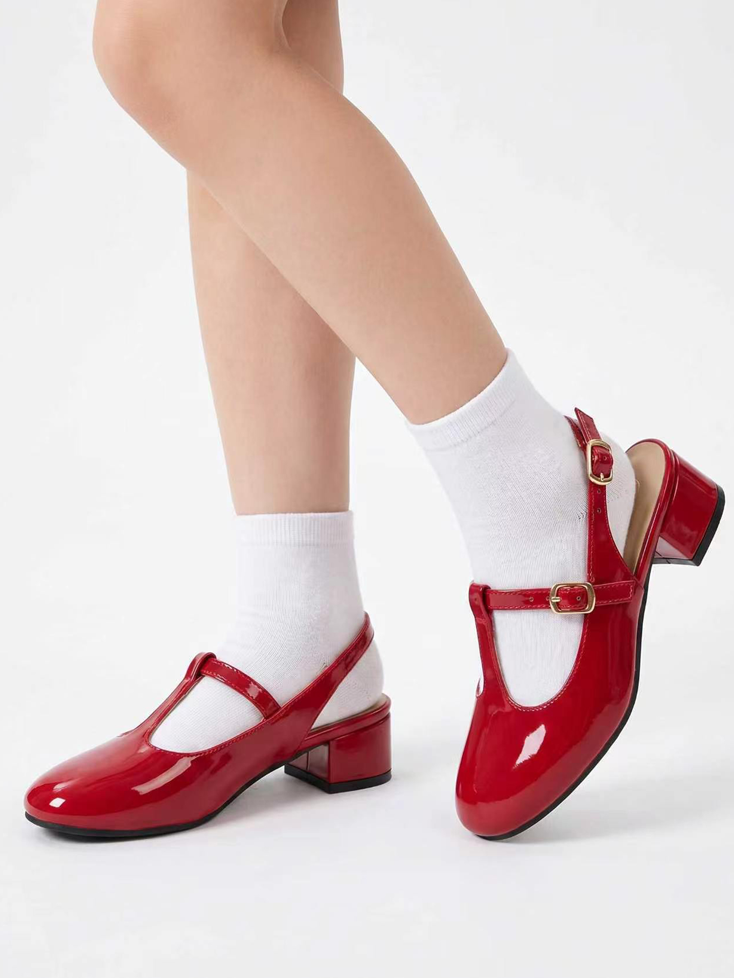 Girls Lambskin Insole Mary Jane Pumps T-Strap Slingback Shoes Cute Closed Toe Dress Shoes Low Block Heel Comfortable for Vacation Festival Party School and Daily Wear
