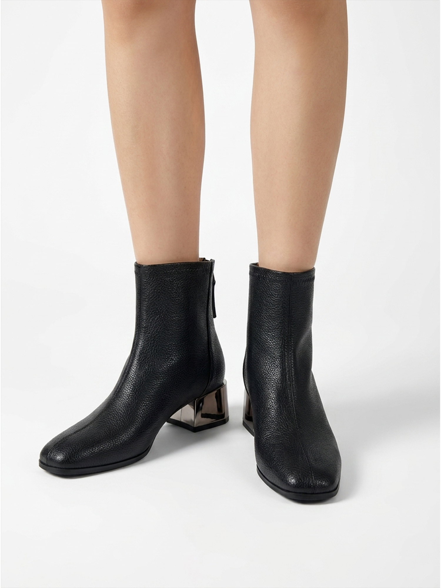 Womens Lambskin Insole Square Toe Ankle Boots Back Zip Plated Heel Modern Rear-zip Ankle Boots with Electroplated Block Heel, Ideal for Office, Dates, Parties & Autumn Daily Wear
