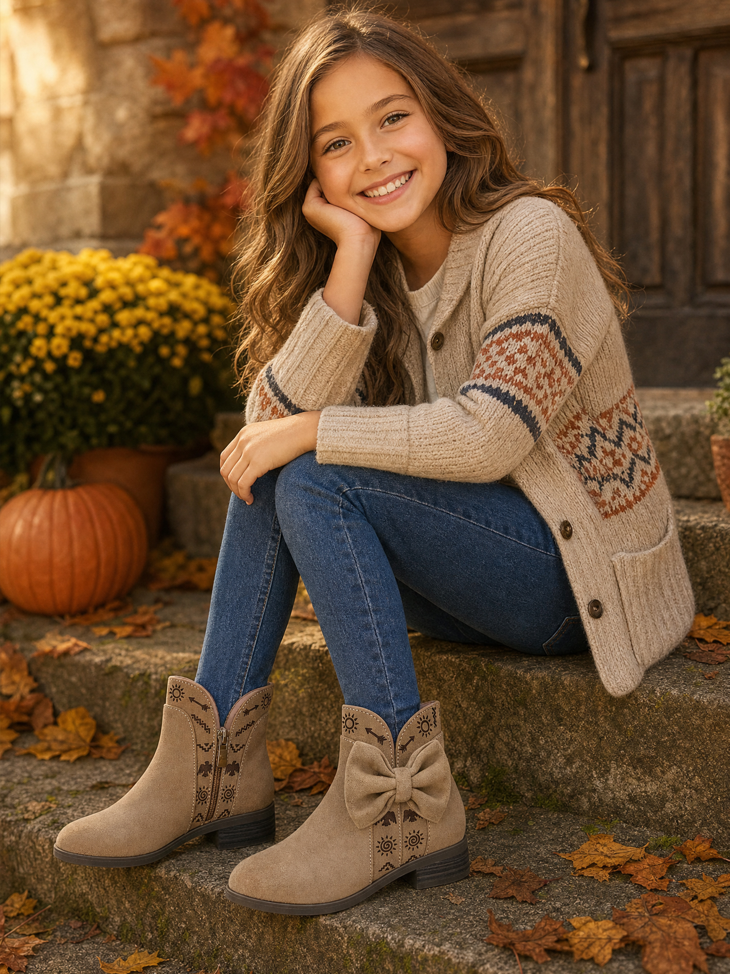 Girls Lambskin Insole Ankle Boots Side Bow Low Heel Booties Shoes Cute Bow Knot Lambskin Booties Low Chunky Heel Comfortable Party School Daily Shoes for Little Big Kid