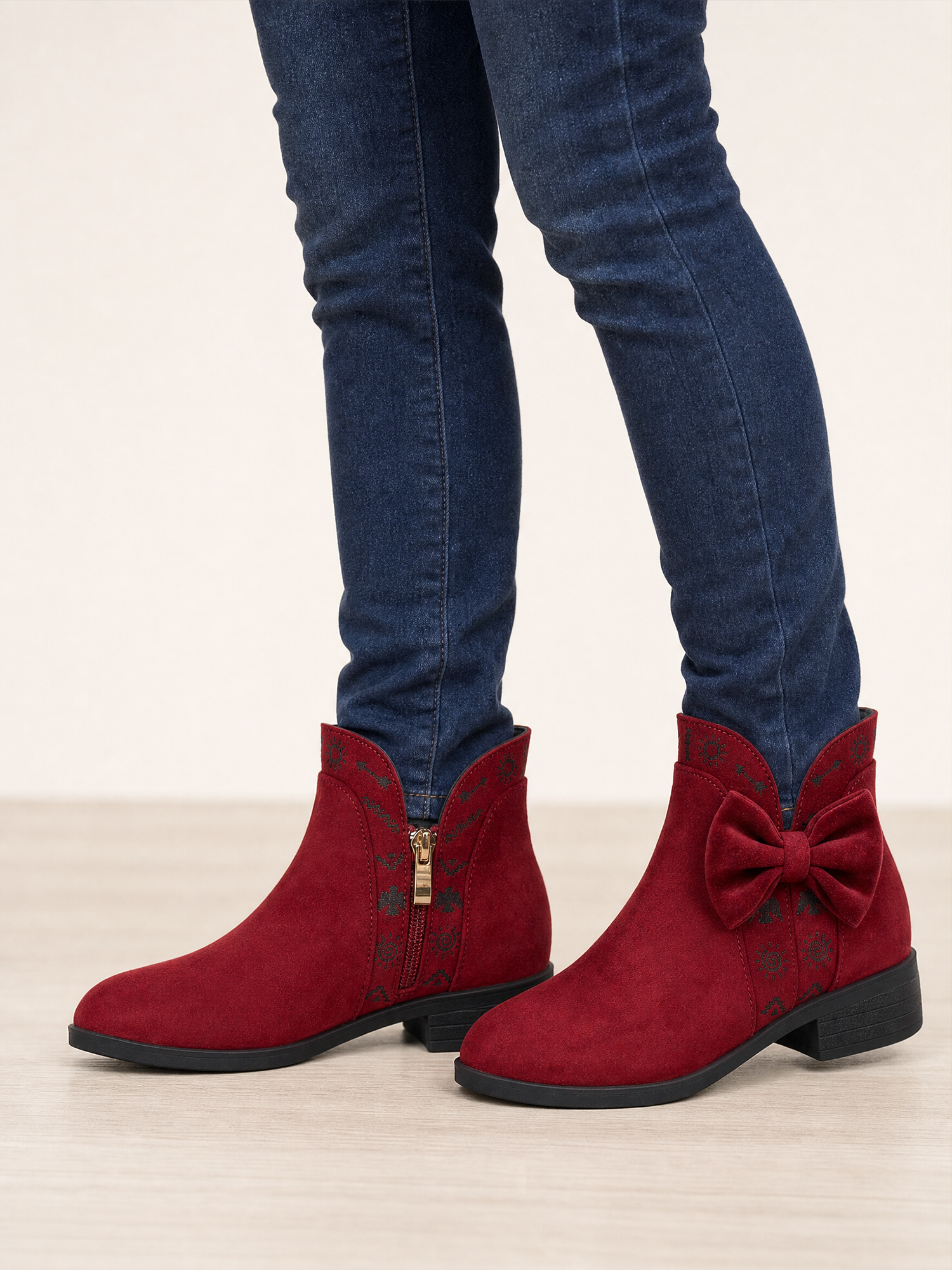 Girls Lambskin Insole Ankle Boots Side Bow Low Heel Booties Shoes Cute Bow Knot Lambskin Booties Low Chunky Heel Comfortable Party School Daily Shoes for Little Big Kid