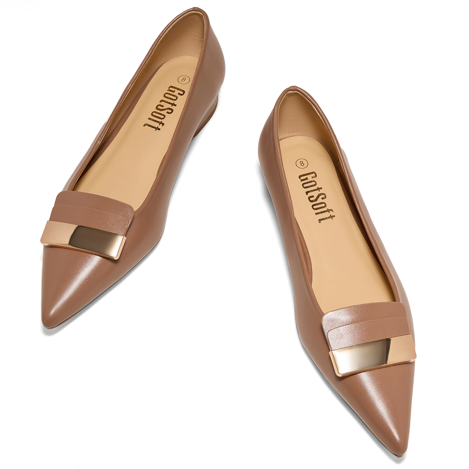 Women's Pointed Toe Metal Deco Flats Slip on Flat Comfortable Dress Shoes