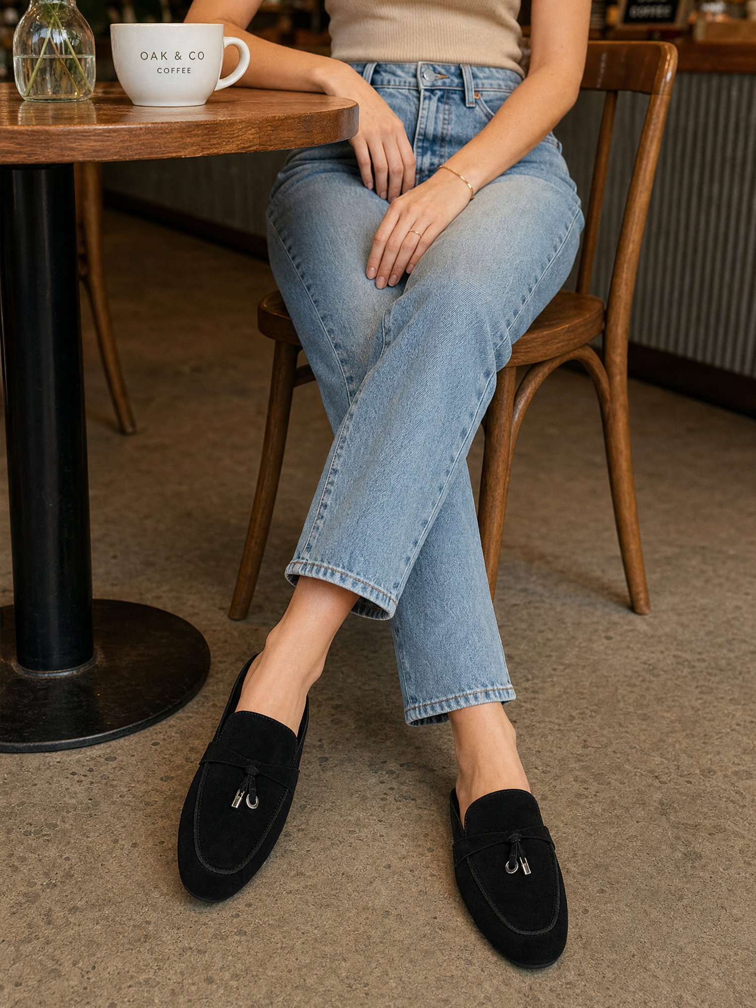 Womens Genuine Leather Flats Mules Metal Decoration Slip On Shoes Genuine Leather Flat Slides Closed Round Toe Fashion Dress Shoes for Home Office Work Go Out and Daily Wear