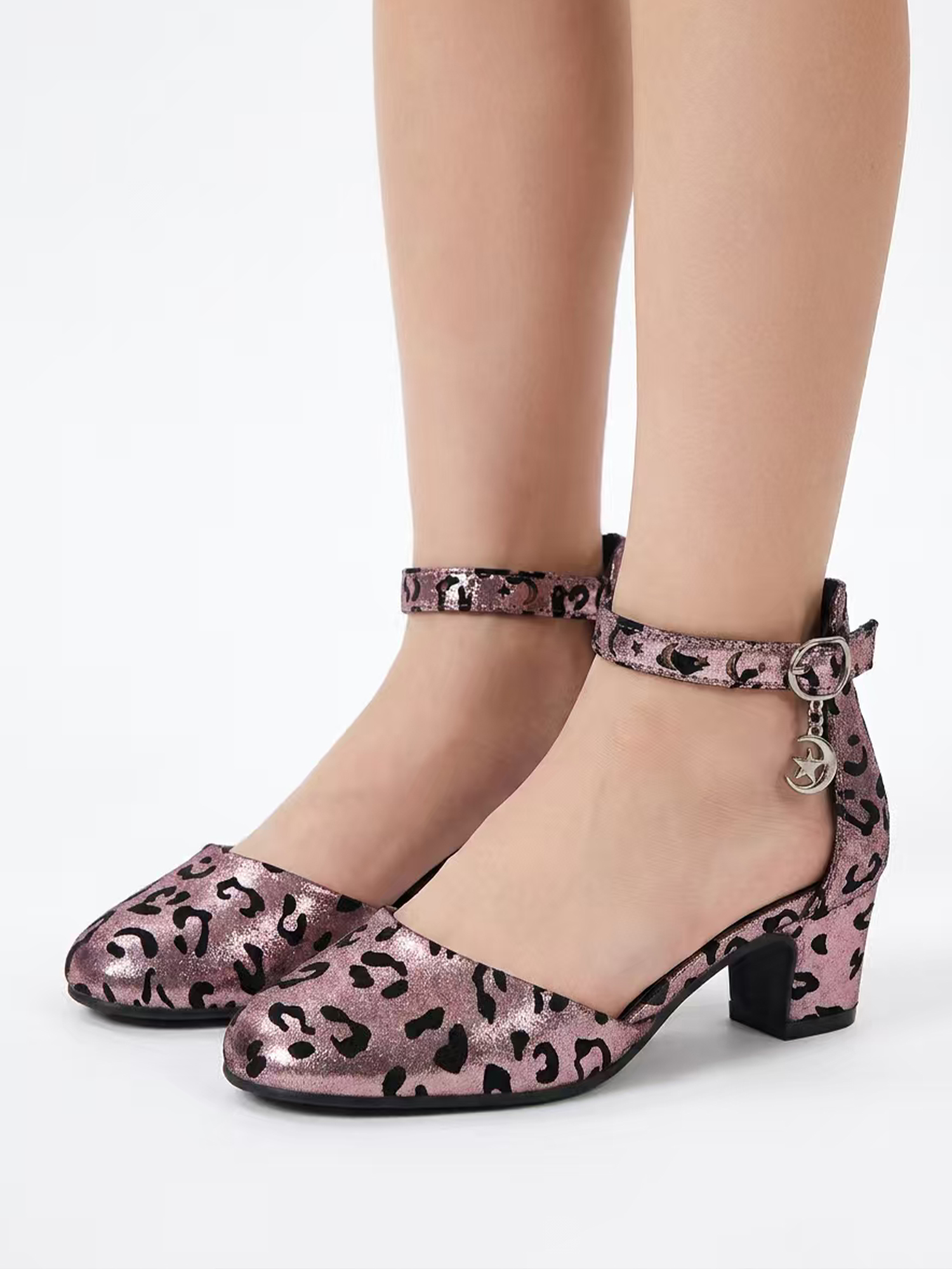 Girls Dress Shoes Ankle Strap Mary Jane Closed Round Toe Pumps Cute Pendant Block Chunky Heels Wedding Party School Birthday Shoes for Little Big Girl