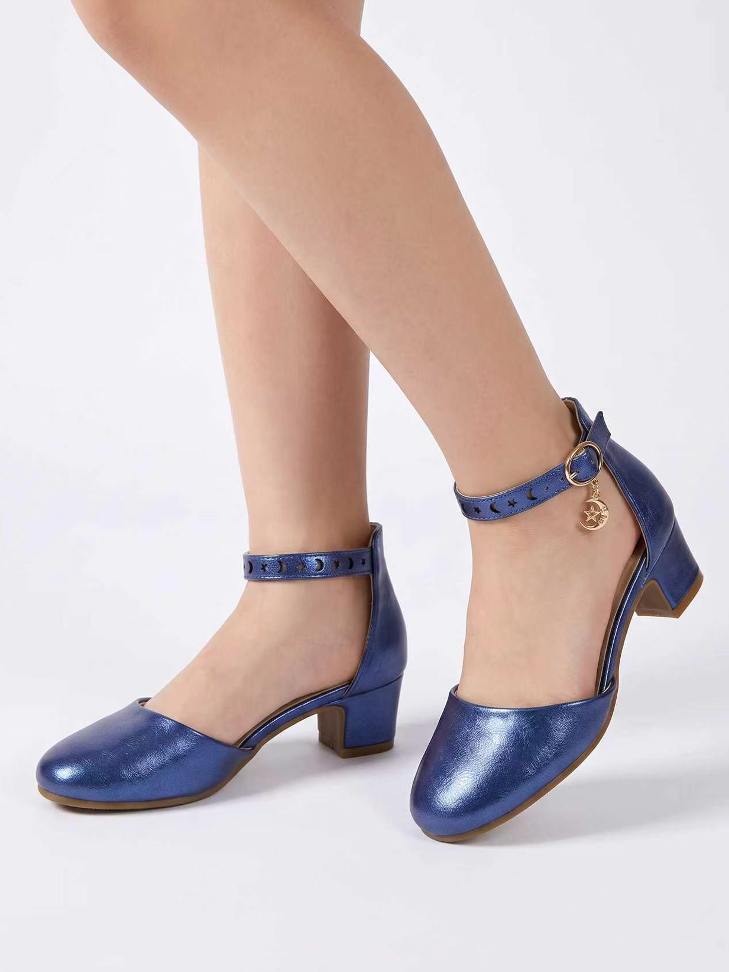 Girls Dress Shoes Ankle Strap Mary Jane Closed Round Toe Pumps Cute Pendant Block Chunky Heels Wedding Party School Birthday Shoes for Little Big Girl