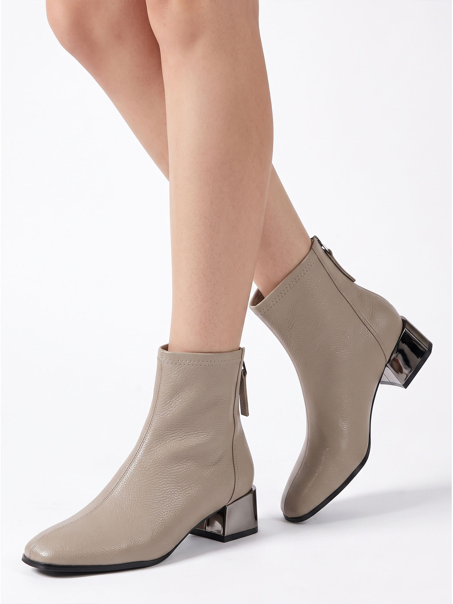 Womens Lambskin Insole Square Toe Ankle Boots Back Zip Plated Heel Modern Rear-zip Ankle Boots with Electroplated Block Heel, Ideal for Office, Dates, Parties & Autumn Daily Wear