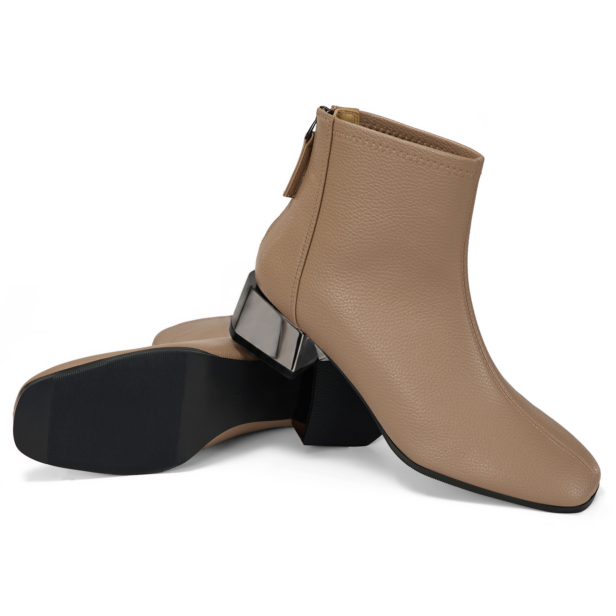 Womens Lambskin Insole Square Toe Ankle Boots Back Zip Plated Heel Modern Rear-zip Ankle Boots with Electroplated Block Heel, Ideal for Office, Dates, Parties & Autumn Daily Wear