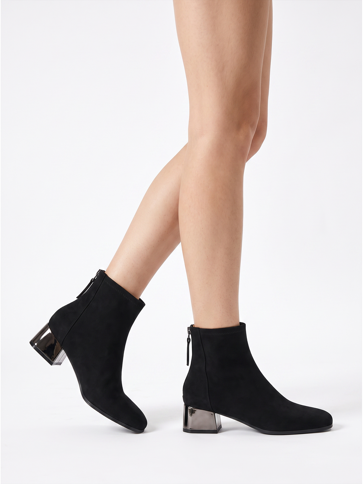 Womens Lambskin Insole Square Toe Ankle Boots Back Zip Plated Heel Modern Rear-zip Ankle Boots with Electroplated Block Heel, Ideal for Office, Dates, Parties & Autumn Daily Wear