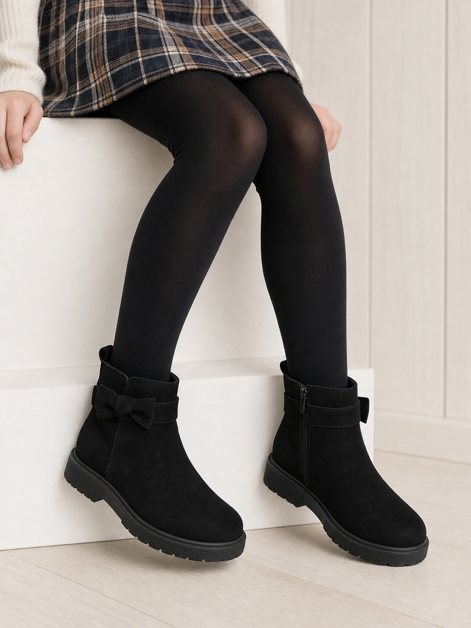 Girls Genuine Leather Ankle Boots Round Toe Side Zip Bow Fall Boots Girls Leather Ankle Boots Bow Lambskin Insole Comfy All Day Anti-slip Sole School Parties Weddings Fall Winter Daily Wear