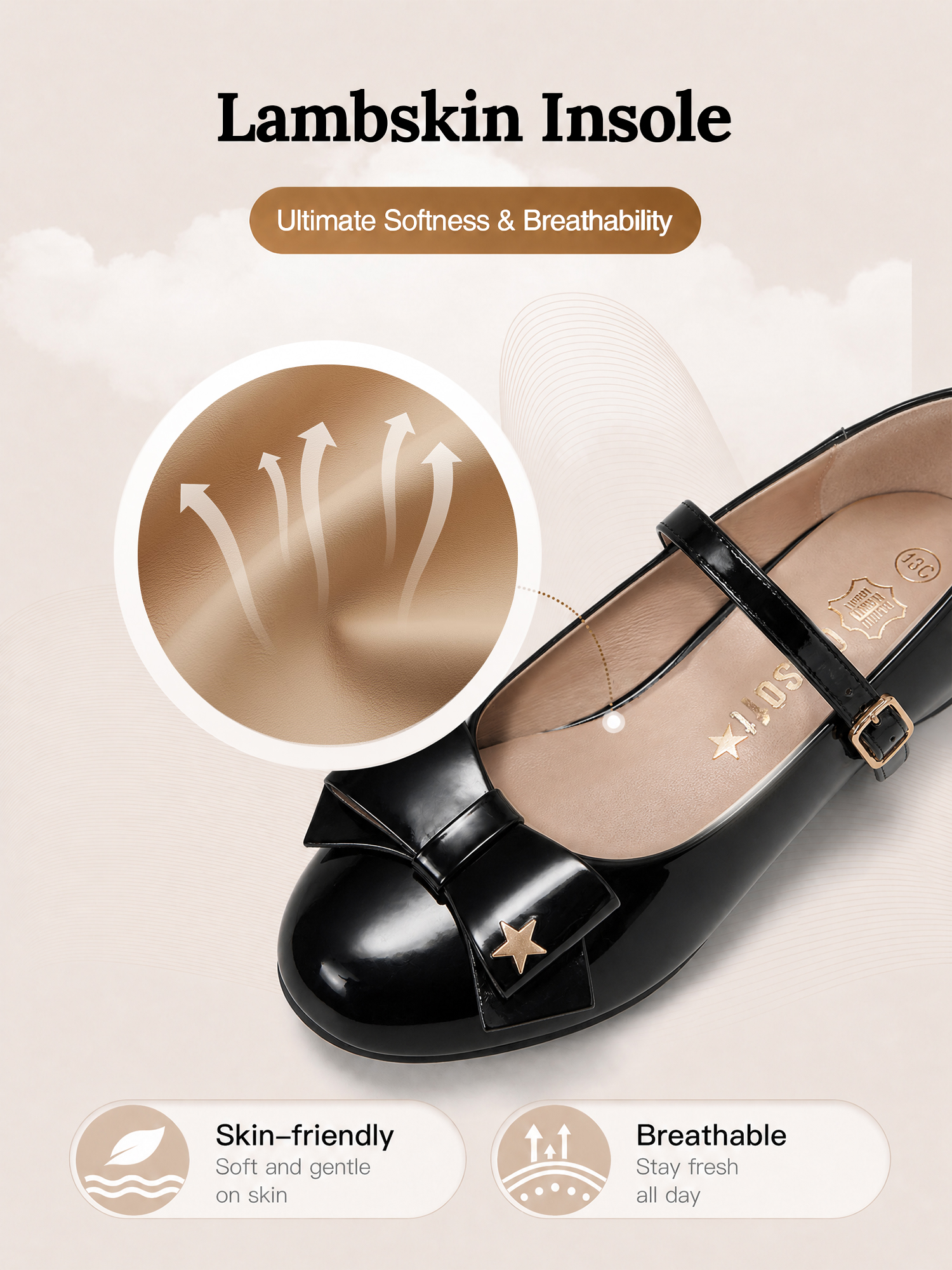 Girls Lambskin Insole Low Heels Mary Jane Ankle Strap Dress Shoes Dress Flats with Ankle Buckle, Bow with Star Detail, Fit Toddler, Little & Big Kid for Wedding, Party and School Daily Wear