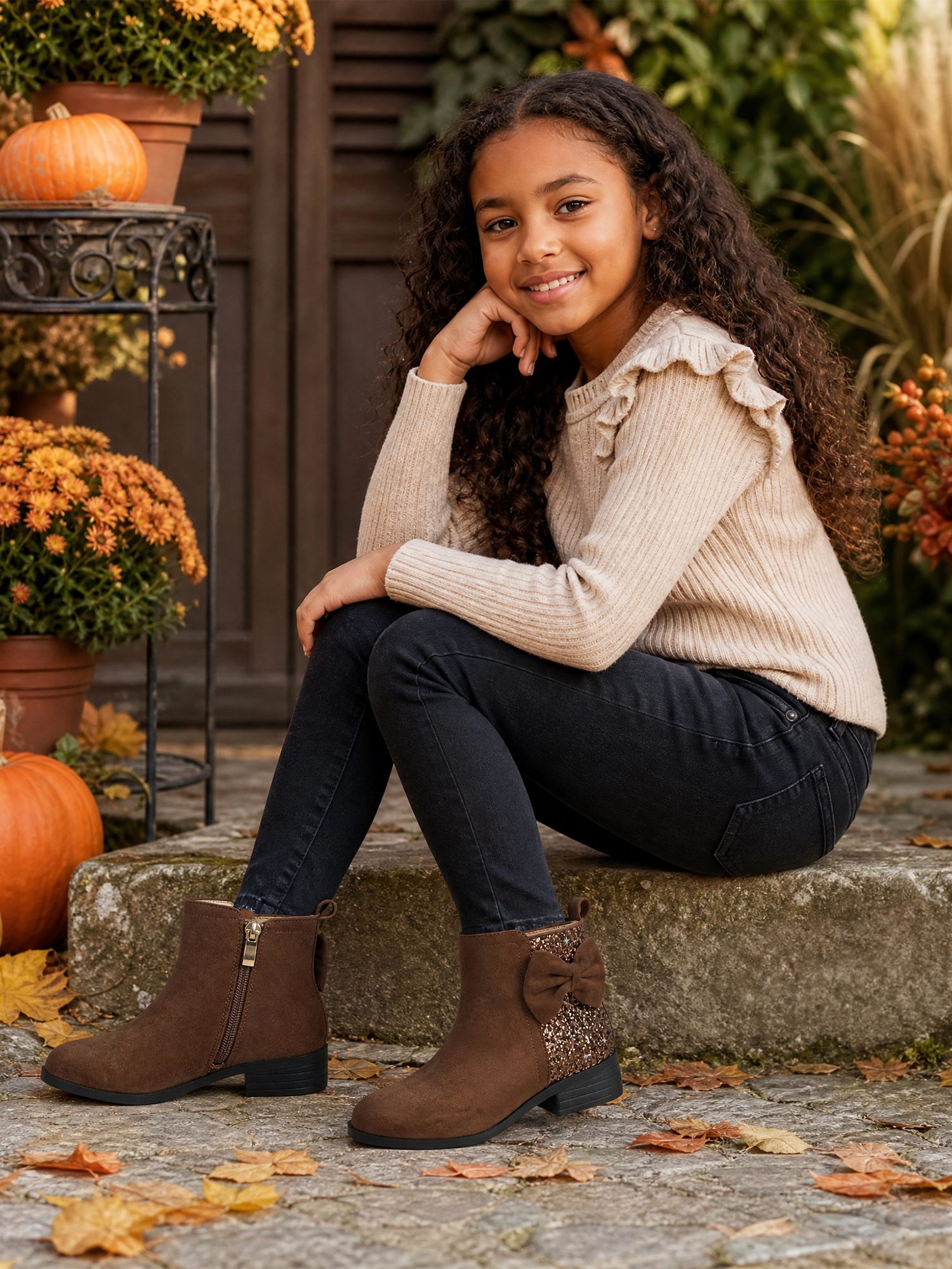 Girls Bow Glitter Ankle Boots Side Zipper Low Heel Dress Shoes | Cute Bow Knot Booties Low Chunky Heel Comfortable School Shoes for Little Big Kid