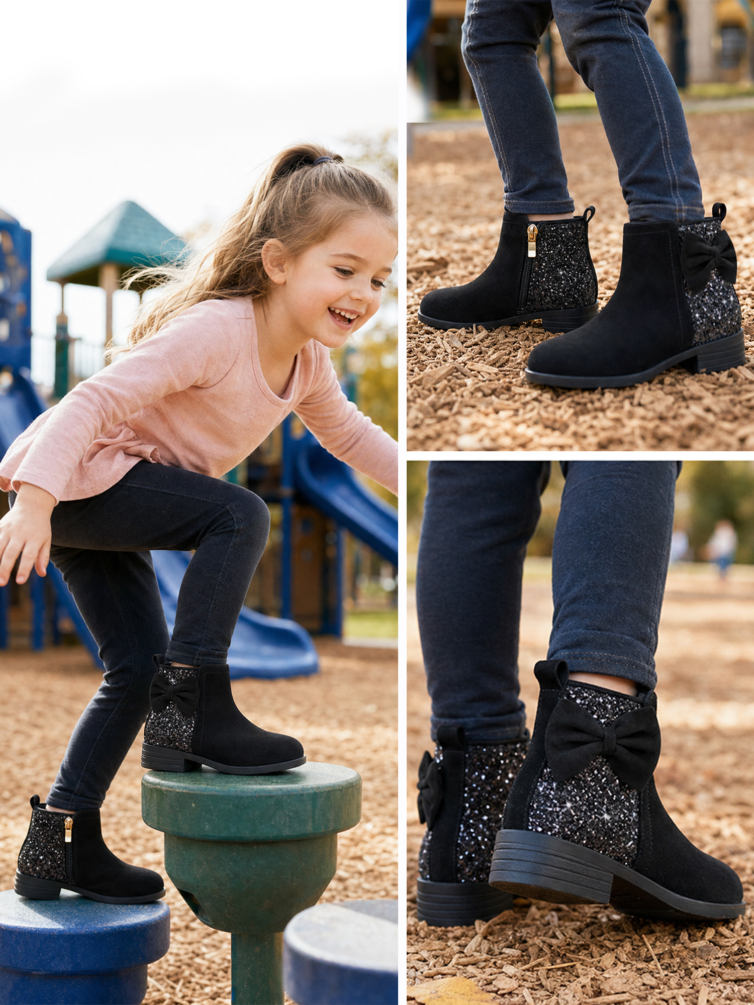 Girls Bow Glitter Ankle Boots Side Zipper Low Heel Dress Shoes | Cute Bow Knot Booties Low Chunky Heel Comfortable School Shoes for Little Big Kid