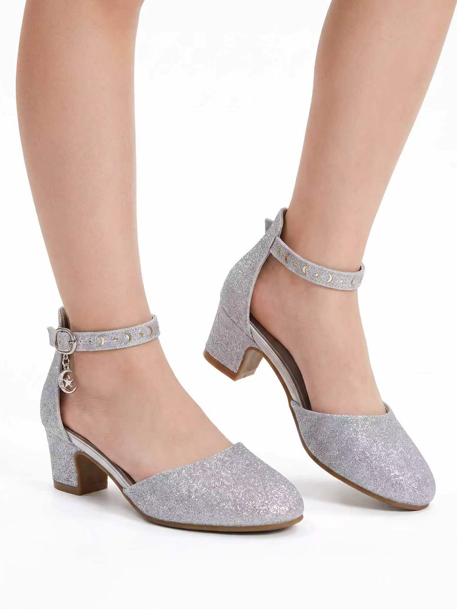 Girls Dress Shoes Ankle Strap Mary Jane Closed Round Toe Pumps Cute Pendant Block Chunky Heels Wedding Party School Birthday Shoes for Little Big Girl