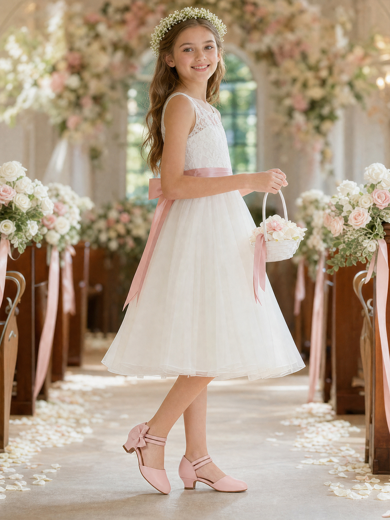 Girls Dress Shoes Bow Closed Toe Low Heels Wedding Pumps Shoes Ankle Strap Party Birthday Cute Pump Round Toe Chunky Heel Closed Toe Hook and Loop Shoes for Little Big Girls