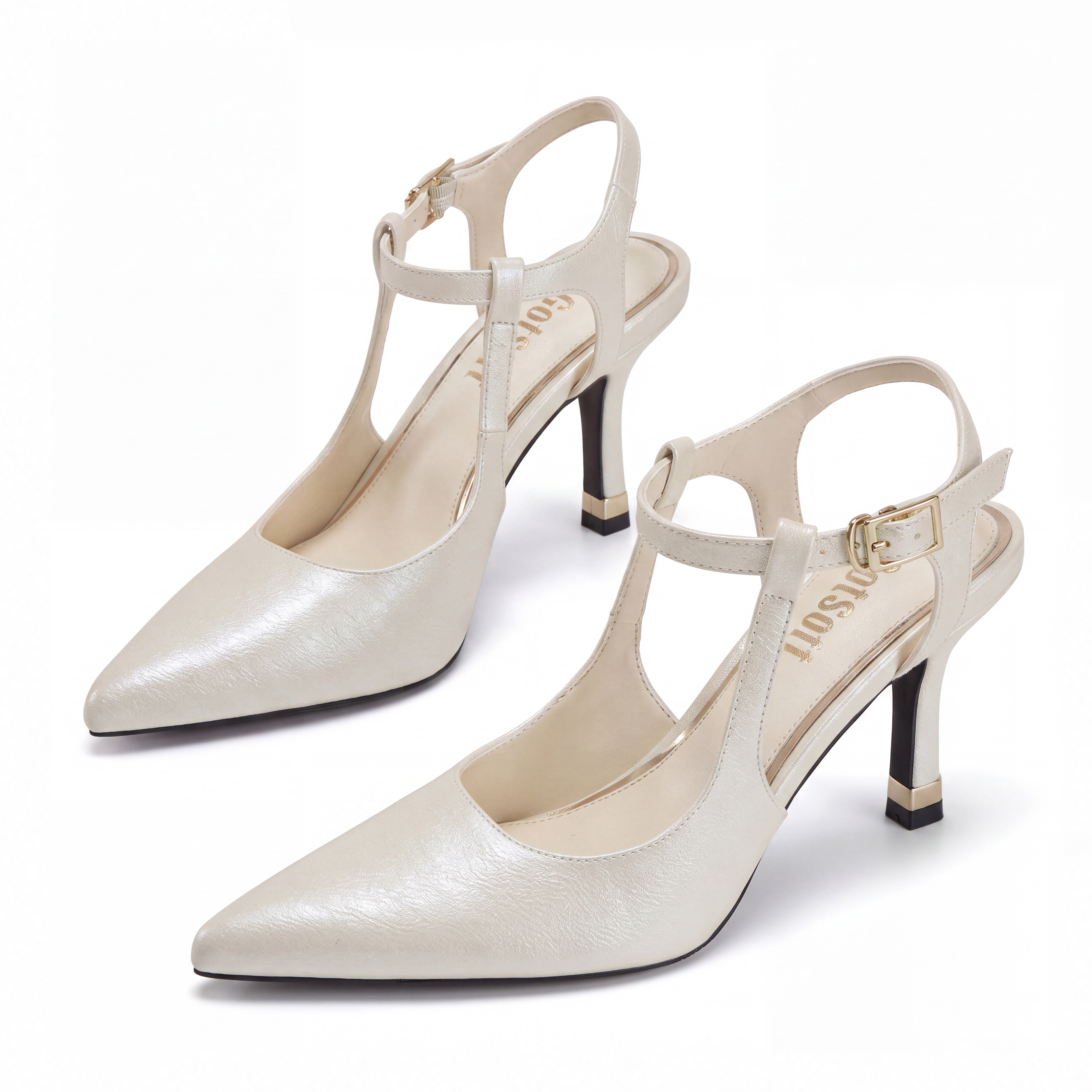 Womens Slingback Pointed Toe Pumps Ankle Buckle Strap Stiletto Dress Heels Gold heel trim, adjustable buckle ankle strap, ideal for office, weddings, dates and formal evening wear