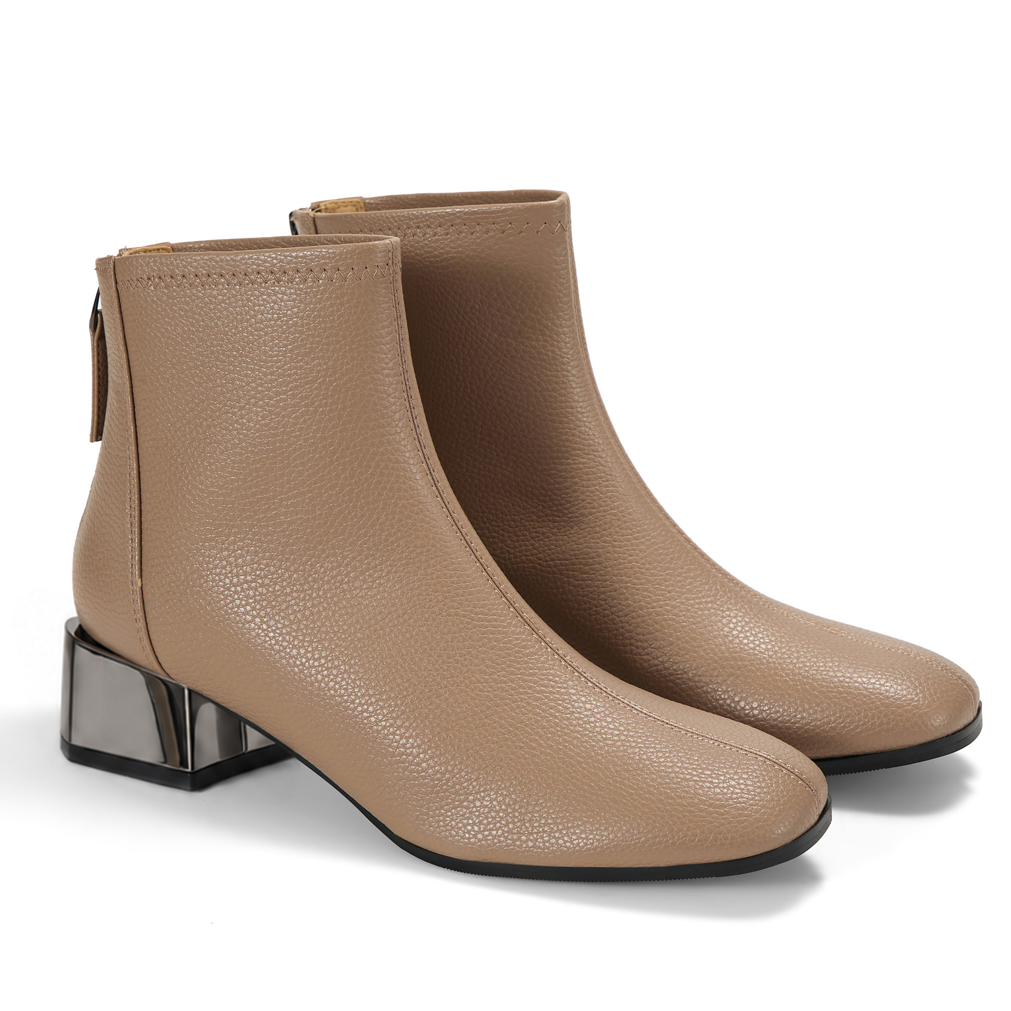 Womens Lambskin Insole Square Toe Ankle Boots Back Zip Plated Heel Modern Rear-zip Ankle Boots with Electroplated Block Heel, Ideal for Office, Dates, Parties & Autumn Daily Wear