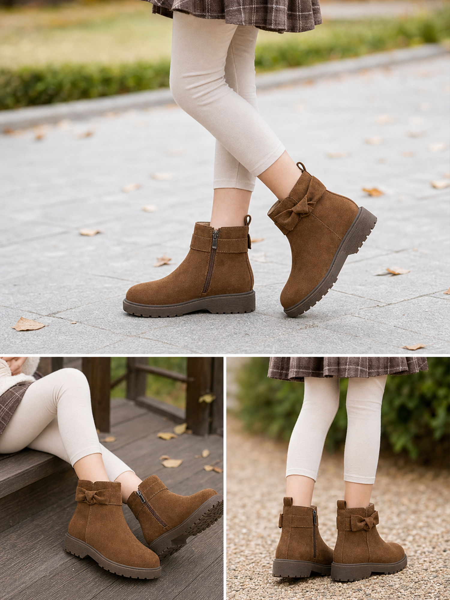 Girls Genuine Leather Ankle Boots Round Toe Side Zip Bow Fall Boots Girls Leather Ankle Boots Bow Lambskin Insole Comfy All Day Anti-slip Sole School Parties Weddings Fall Winter Daily Wear