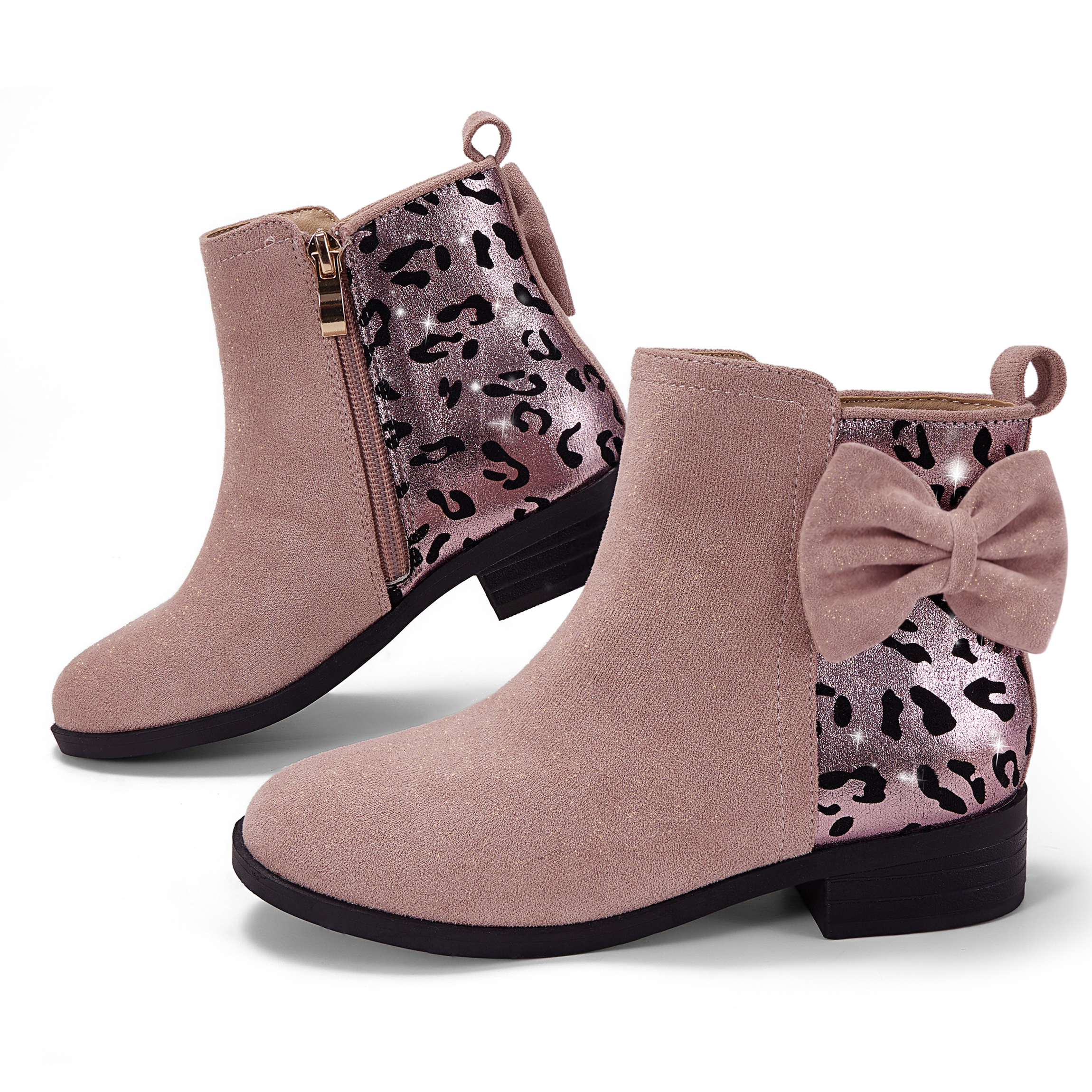 Girls Bow Glitter Ankle Boots Side Zipper Low Heel Dress Shoes | Cute Bow Knot Booties Low Chunky Heel Comfortable School Shoes for Little Big Kid