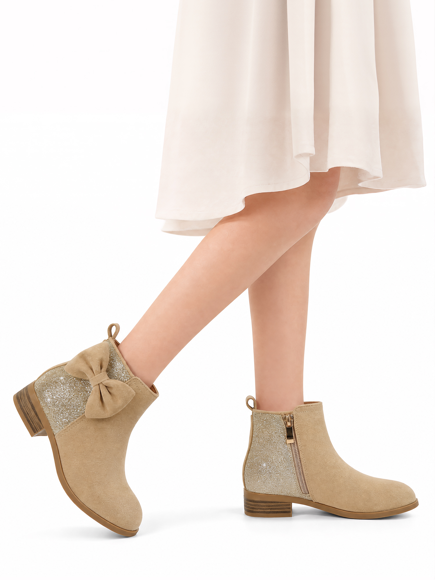 Girls Bow Glitter Ankle Boots Side Zipper Low Heel Dress Shoes | Cute Bow Knot Booties Low Chunky Heel Comfortable School Shoes for Little Big Kid