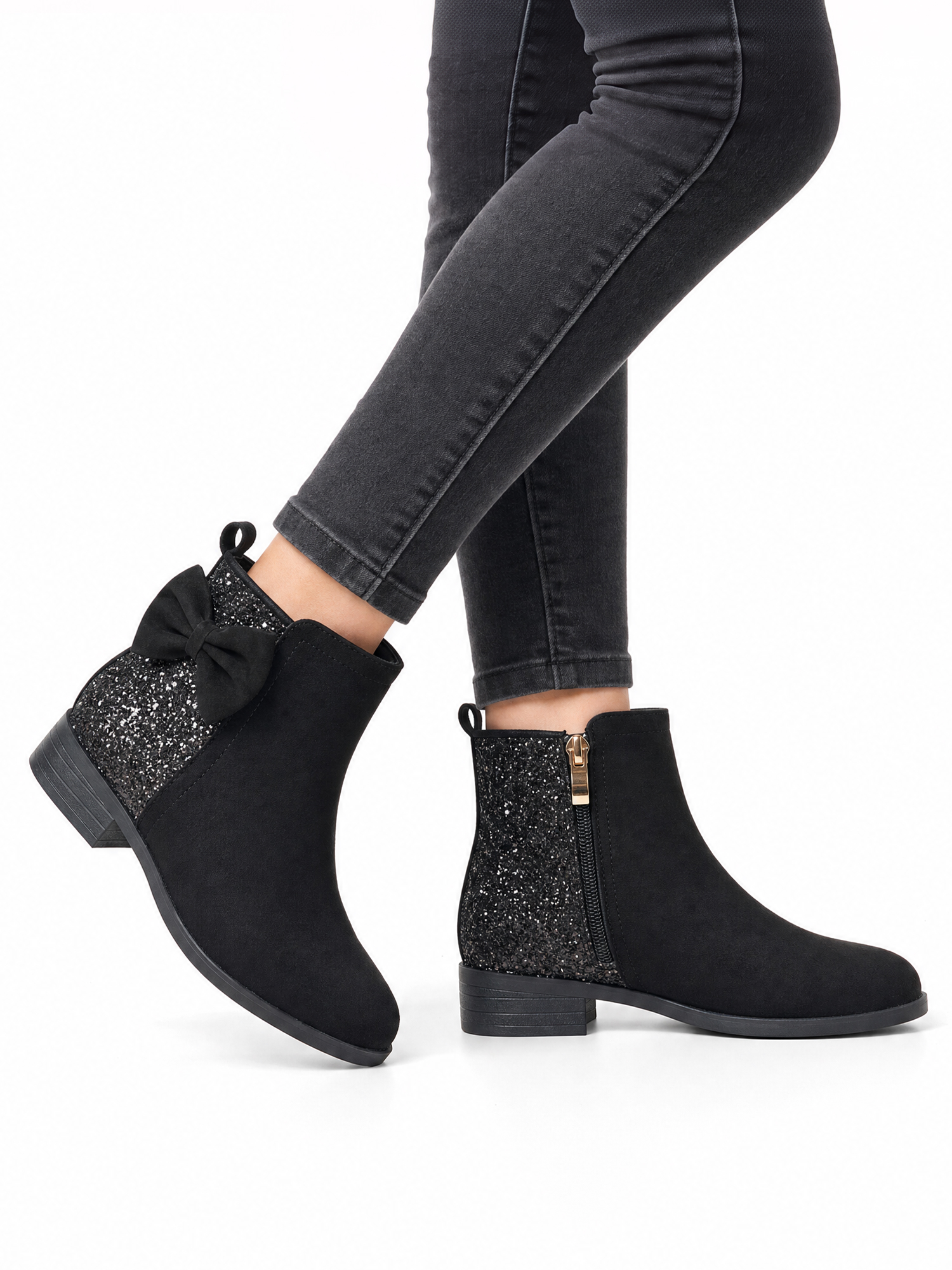 Girls Bow Glitter Ankle Boots Side Zipper Low Heel Dress Shoes | Cute Bow Knot Booties Low Chunky Heel Comfortable School Shoes for Little Big Kid