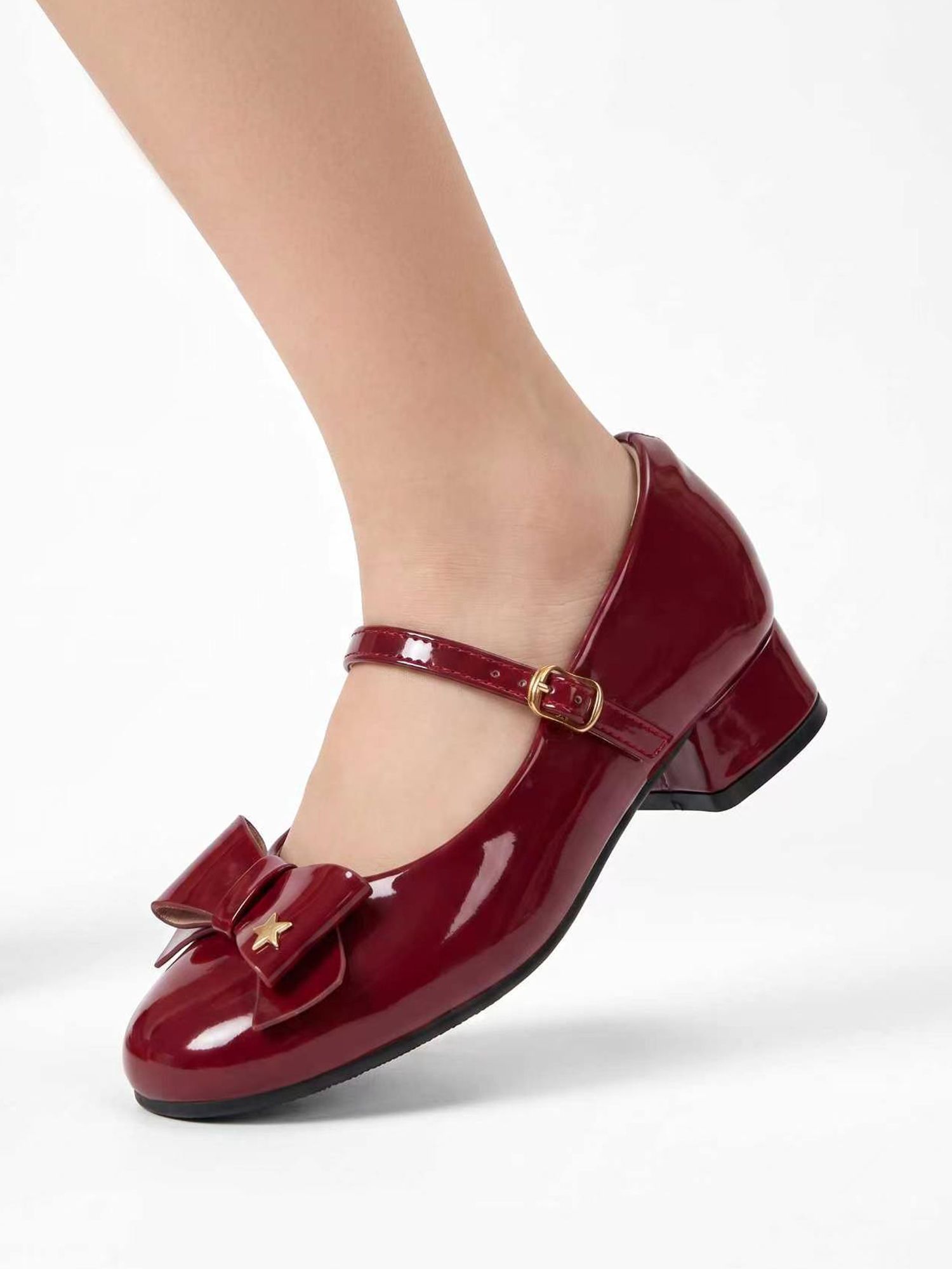 Girls Lambskin Insole Low Heels Mary Jane Ankle Strap Dress Shoes Dress Flats with Ankle Buckle, Bow with Star Detail, Fit Toddler, Little & Big Kid for Wedding, Party and School Daily Wear