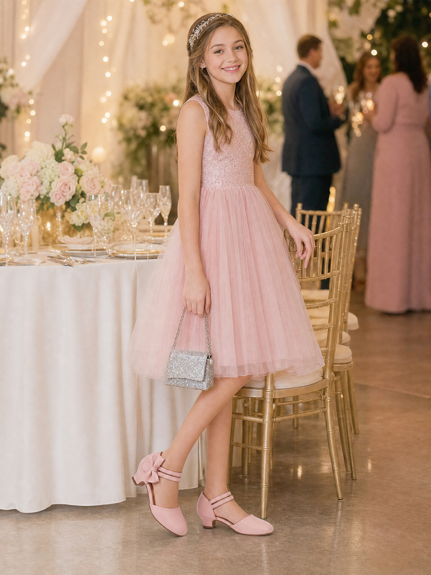 Girls Dress Shoes Bow Closed Toe Low Heels Wedding Pumps Shoes Ankle Strap Party Birthday Cute Pump Round Toe Chunky Heel Closed Toe Hook and Loop Shoes for Little Big Girls