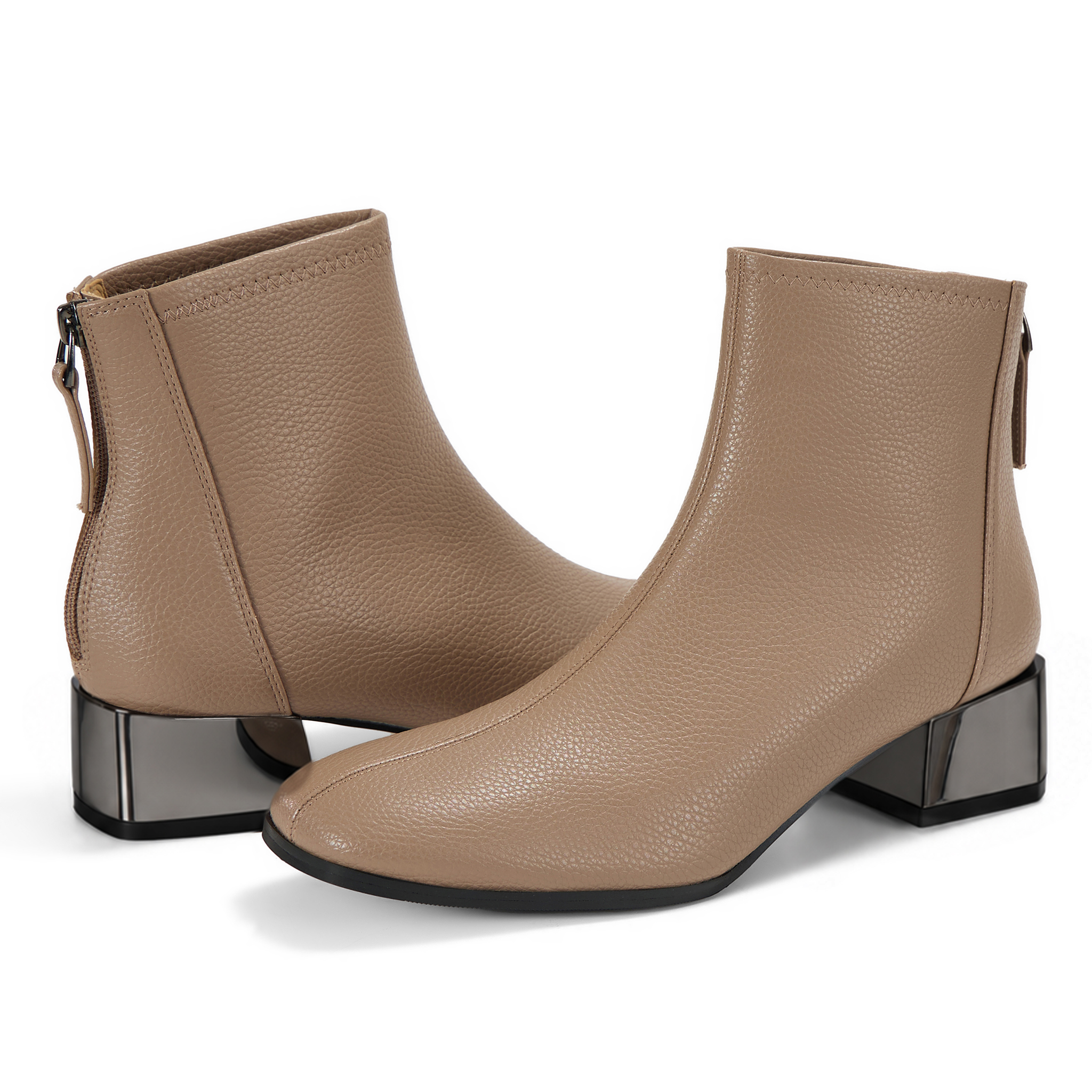 Womens Lambskin Insole Square Toe Ankle Boots Back Zip Plated Heel Modern Rear-zip Ankle Boots with Electroplated Block Heel, Ideal for Office, Dates, Parties & Autumn Daily Wear
