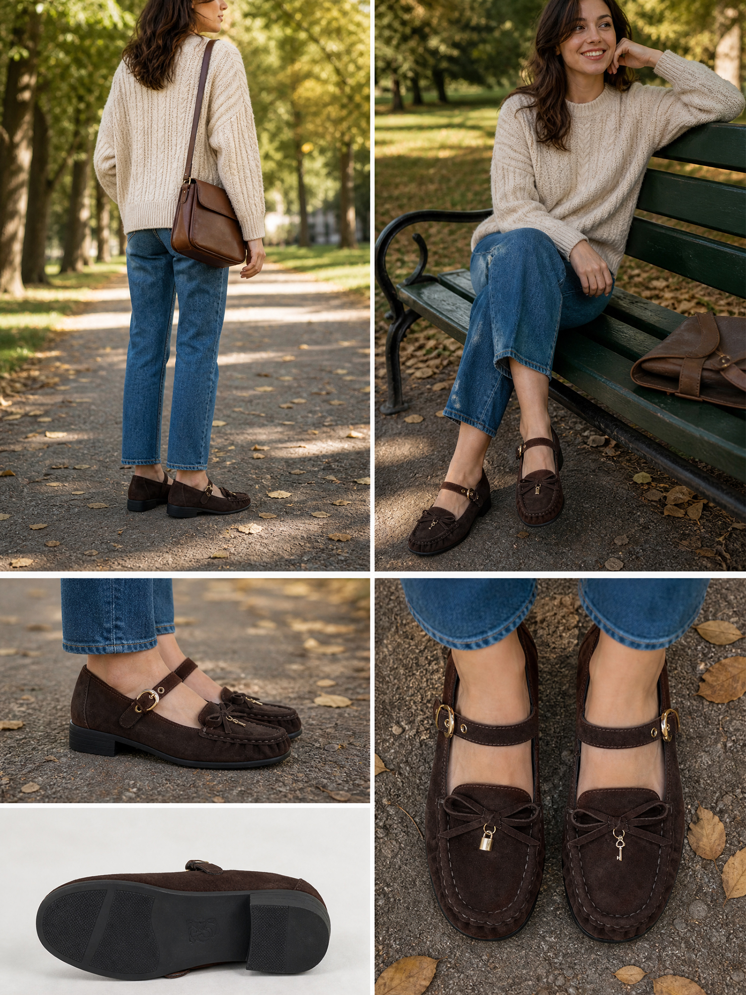 Women's Genuine Leather Loafers Bow Buckle Comfortable Dress Shoes Classic Retro Moccasin Loafer, with Lock‑Charm Decoration, Dress Shoes for Office Work Party College and Daily Wear