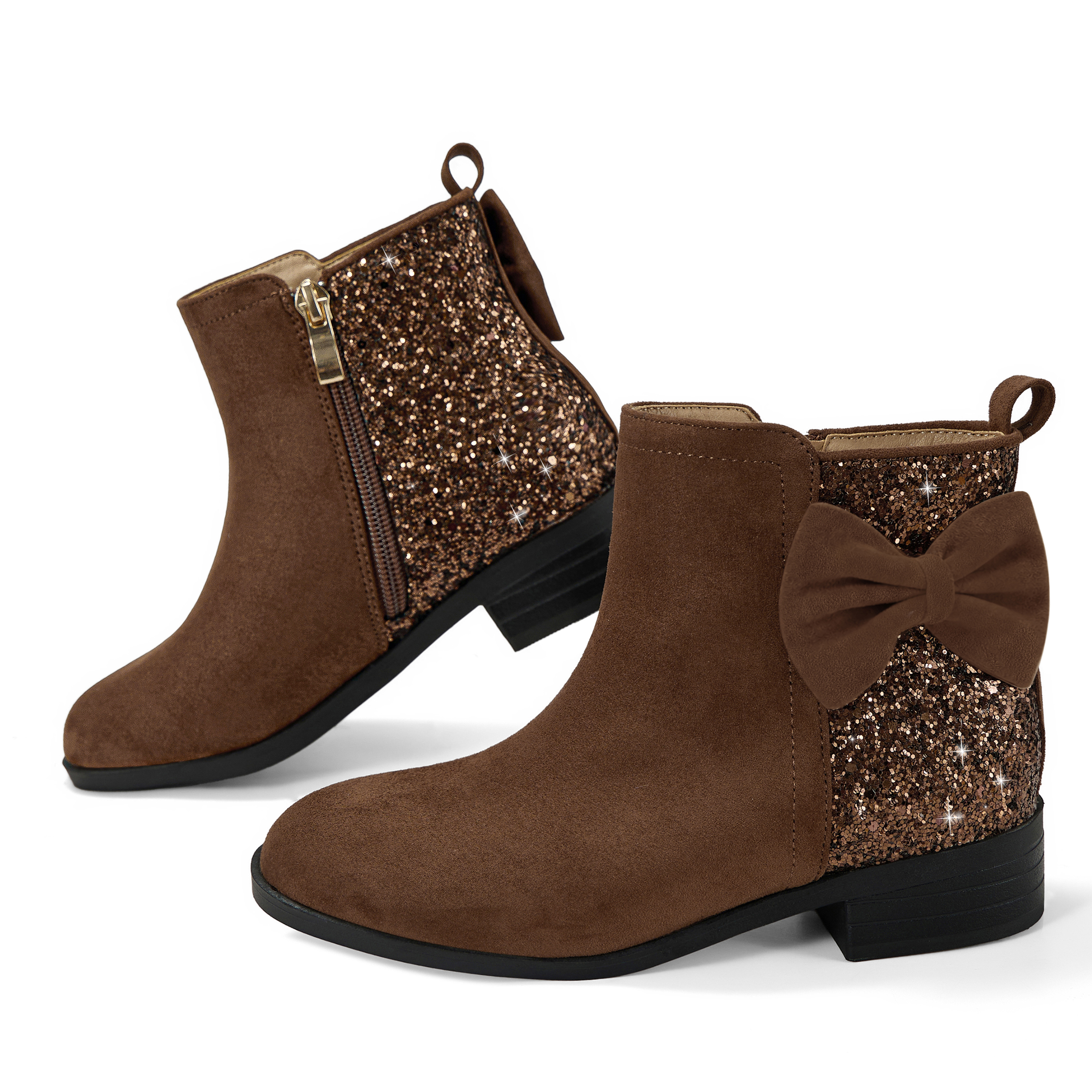 Girls Bow Glitter Ankle Boots Side Zipper Low Heel Dress Shoes | Cute Bow Knot Booties Low Chunky Heel Comfortable School Shoes for Little Big Kid
