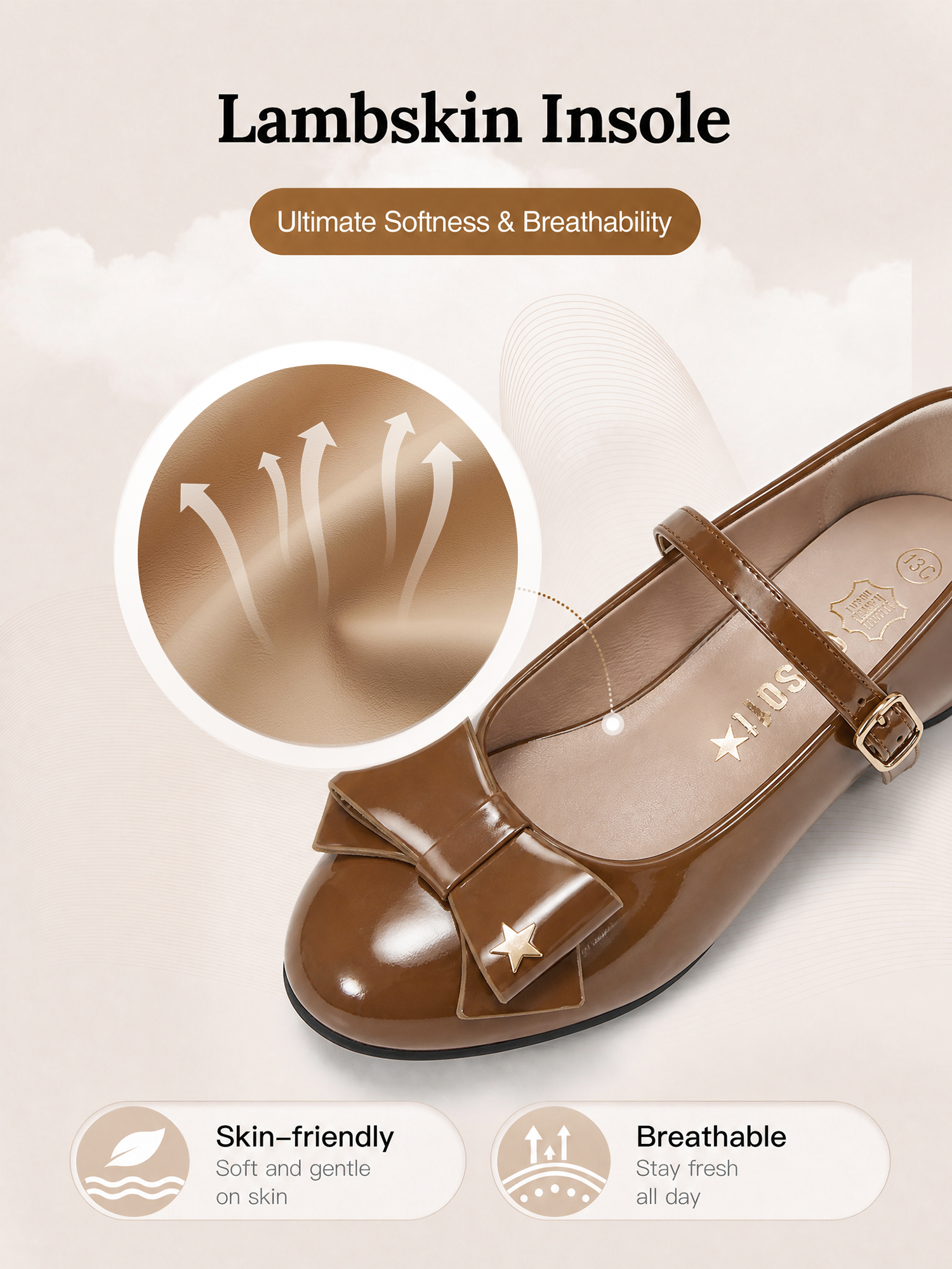 Girls Lambskin Insole Low Heels Mary Jane Ankle Strap Dress Shoes Dress Flats with Ankle Buckle, Bow with Star Detail, Fit Toddler, Little & Big Kid for Wedding, Party and School Daily Wear