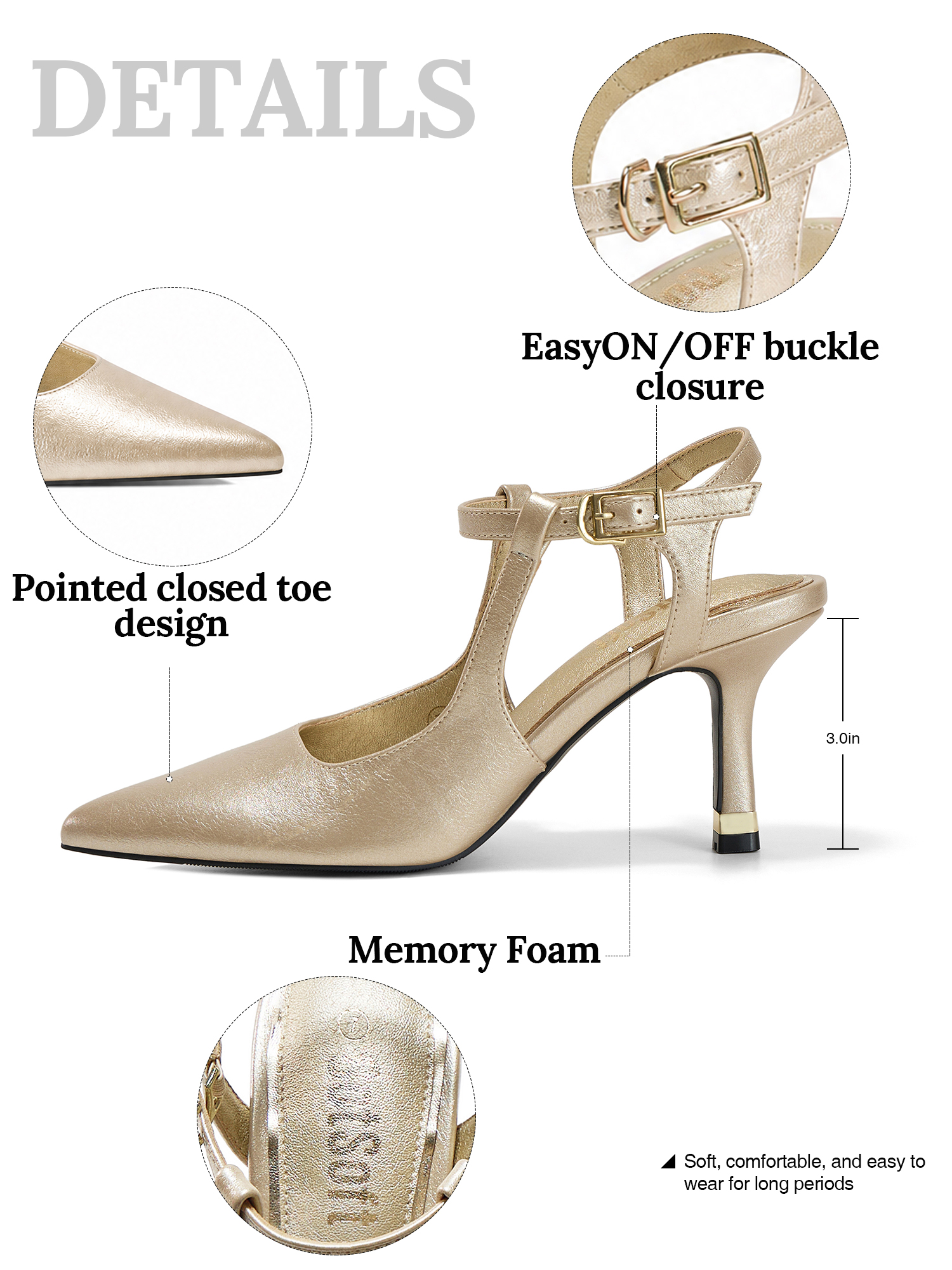 Womens Slingback Pointed Toe Pumps Ankle Buckle Strap Stiletto Dress Heels Gold heel trim, adjustable buckle ankle strap, ideal for office, weddings, dates and formal evening wear