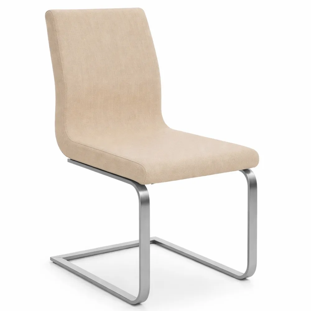 Moderner Freischwinger Esszimmerstuhl mit gepolsterter Sitzfläche und hoher Rückenlehne, Edelstahlgestell, Creme