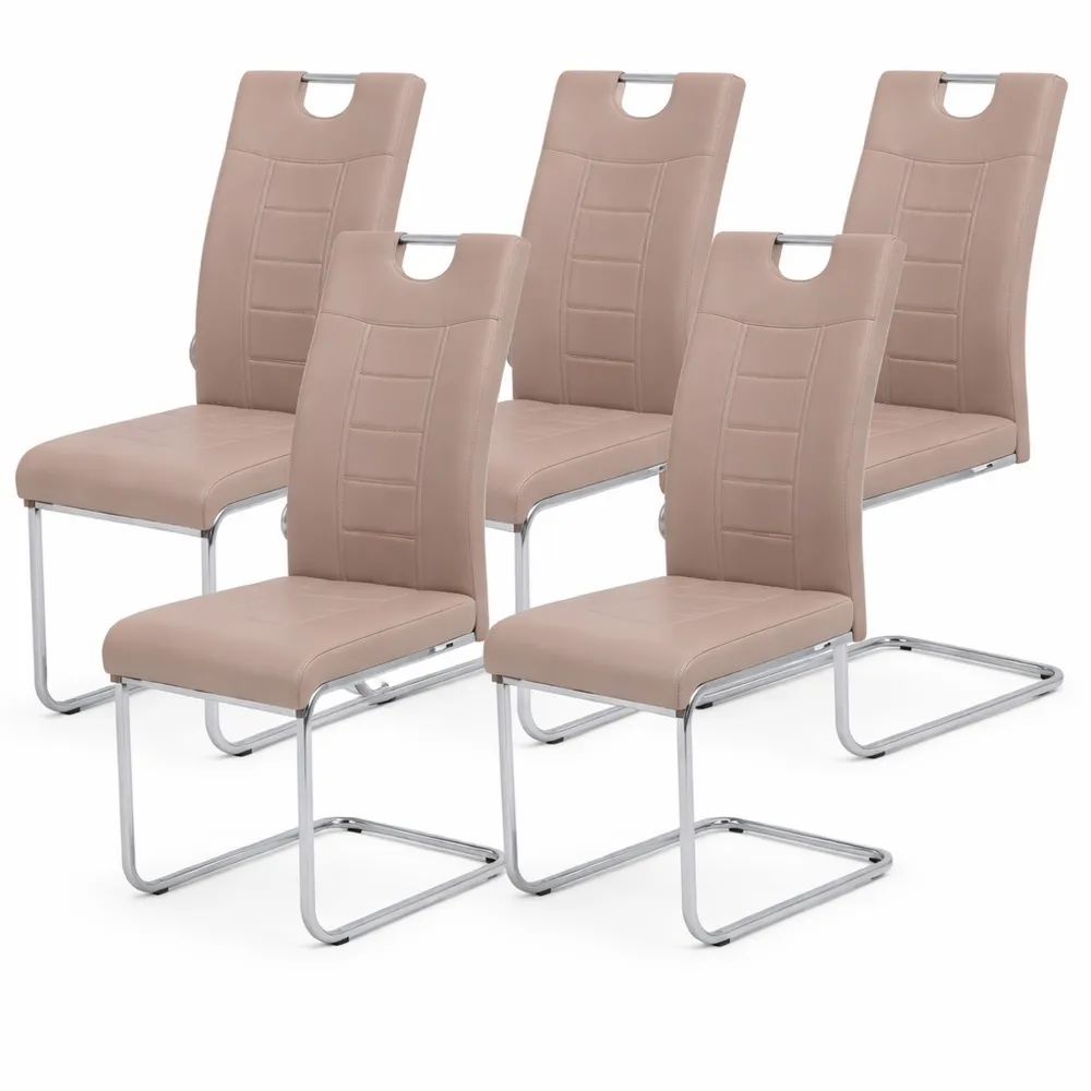 4er Set Freischwinger Esszimmerstühle, Kunstleder Cappuccino, Chromgestell, Griffmulde, bis 140kg