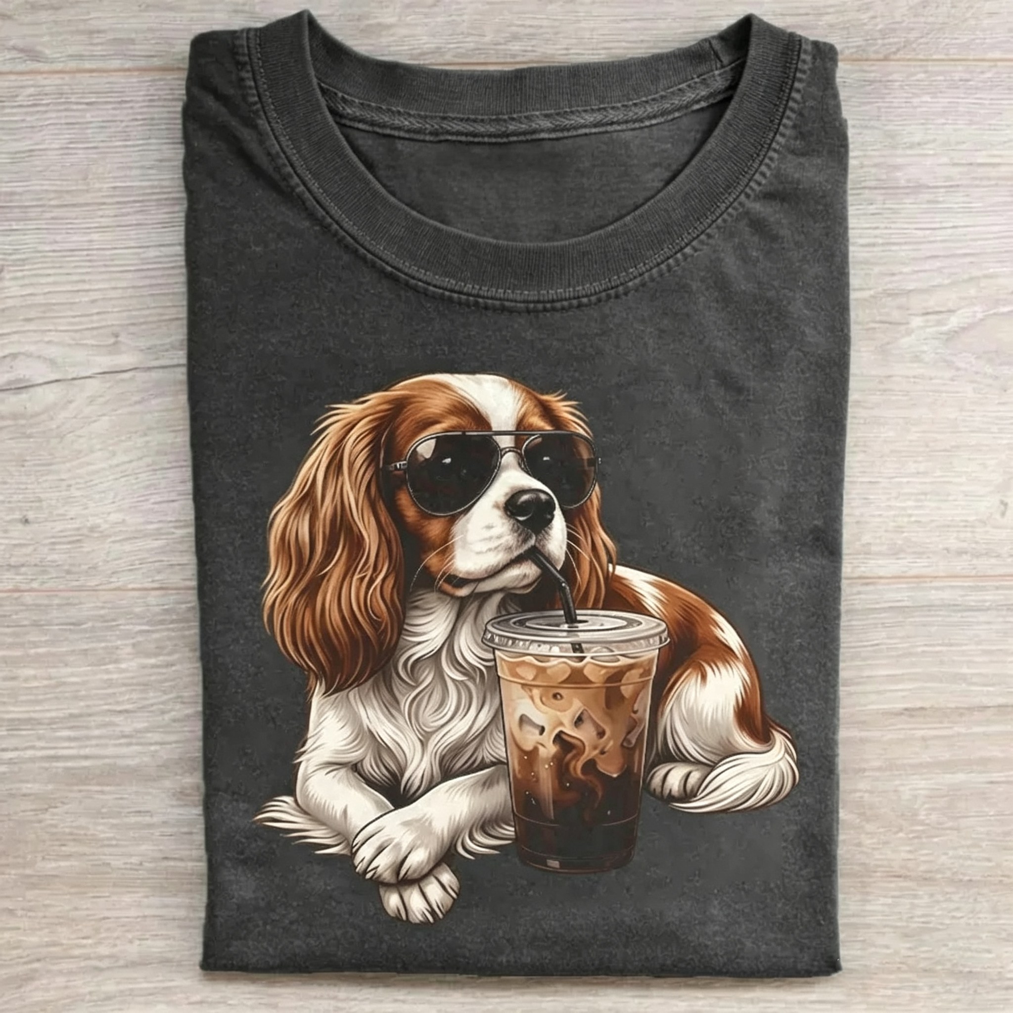 Cavalier King Charles Spaniel Dog Drinking Iced Coffee T-shirt