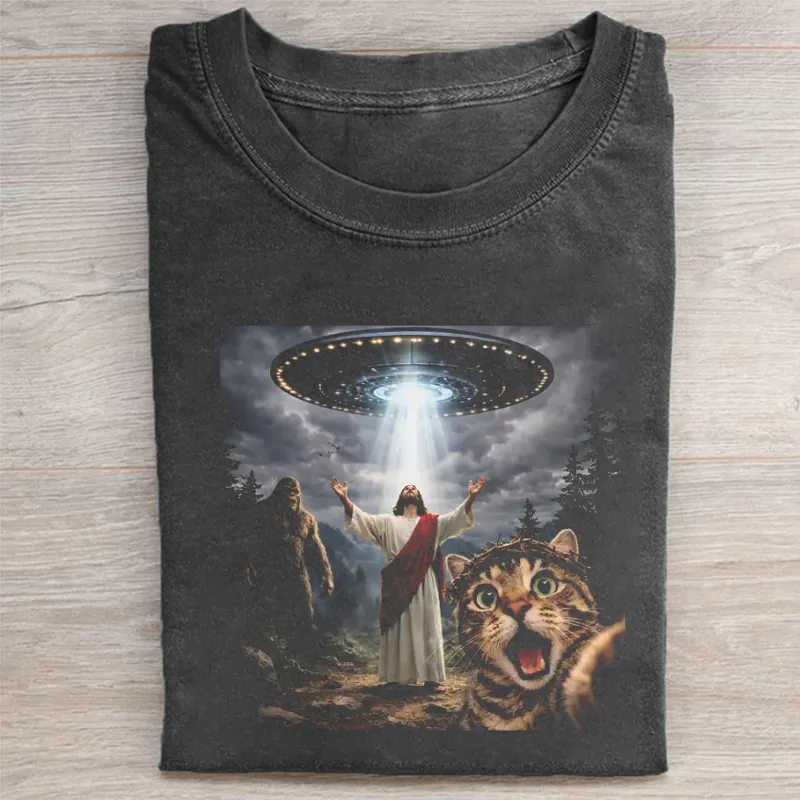 Funny Cat Selfie With Bigfoot UFO and Jesus T-shirt