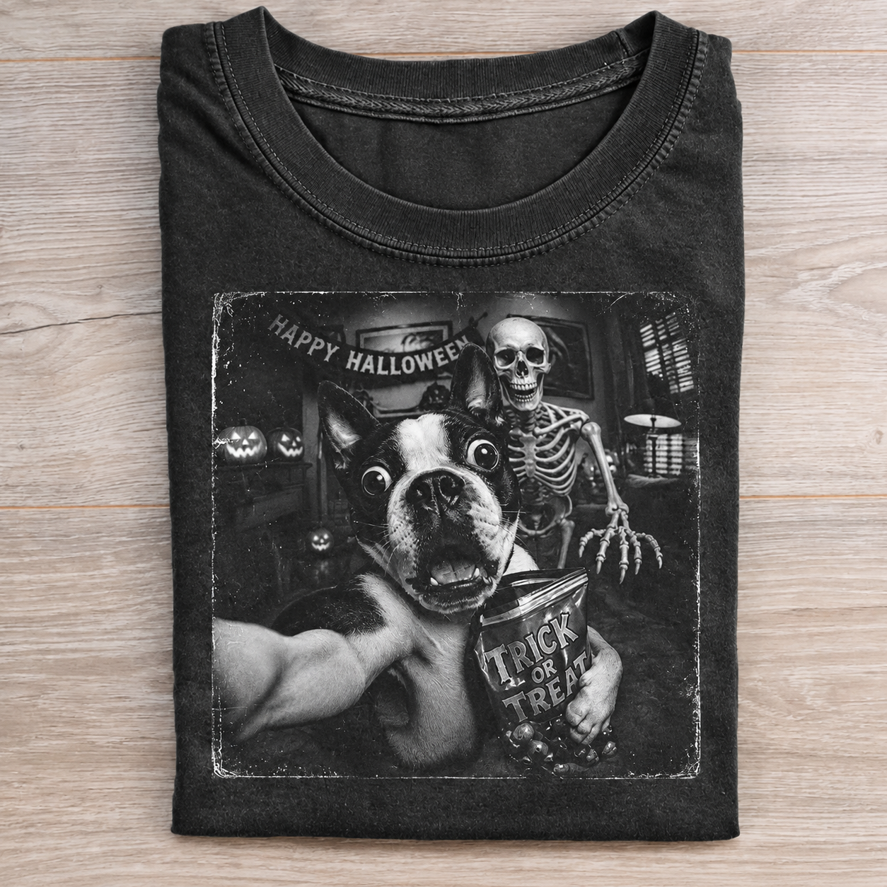 Scary Boston Terrier Halloween Skeleton T-shirt